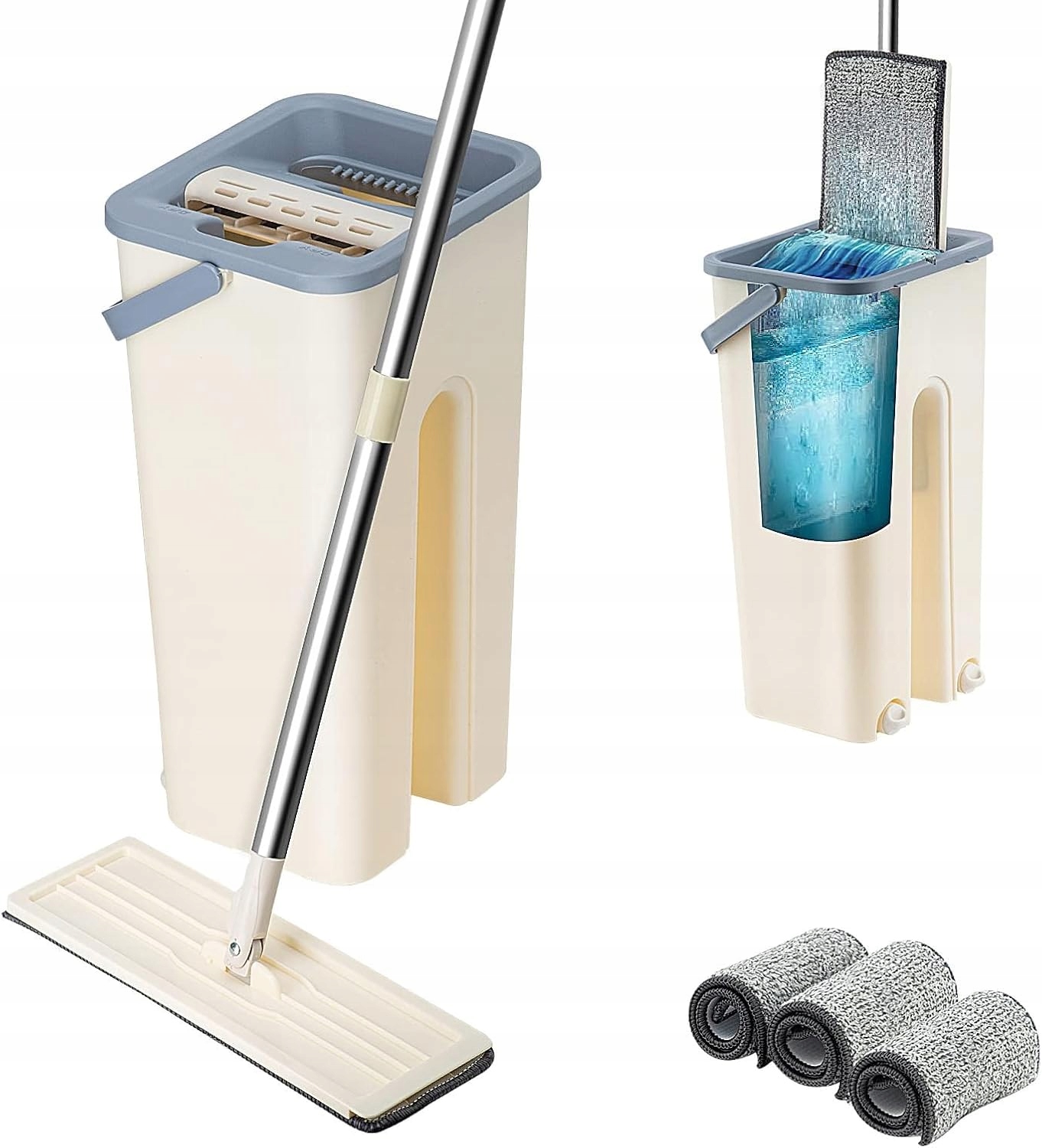 Mop Plochý otočný Dvoukomorový Kbelík Se Ždímačem Hůl Zásoba 3 náplně