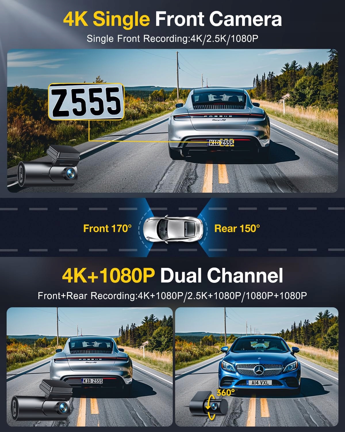 GKU Kamera Samochodowa 4K Przód Tył WiFi GPS 64GB Super Nocny Widok — miniatura 4