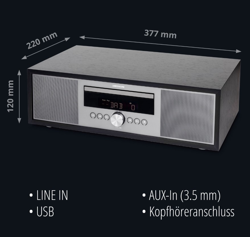 MINI WIEŻA CYFROWA MEDION MD44125 DAB+ FM CD MP3 AUX BT 2X15 Watt Radio DAB+ FM