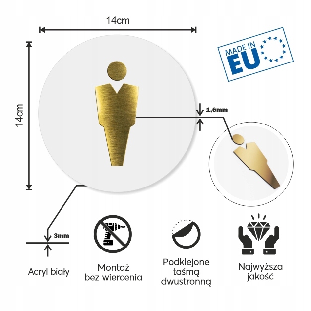 TABLICZKA TOALETA WC PIKTOGRAM MĘSKA OZNACZENIE NA DRZWI GRAWER BIAŁY 14CM Kod producenta SOSENCO