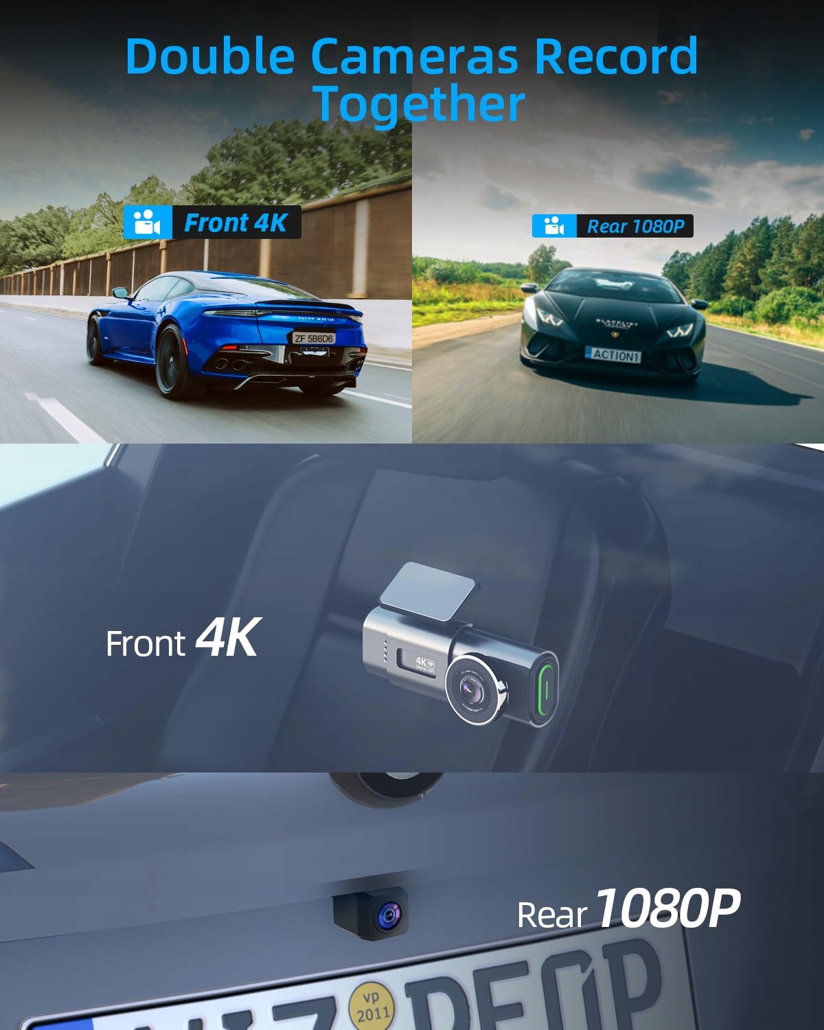 VORNE HINTEN Kamera Samochodowa 4K 1080P WiFi 64GB Karta SD WDR G Sensor — miniatura 3