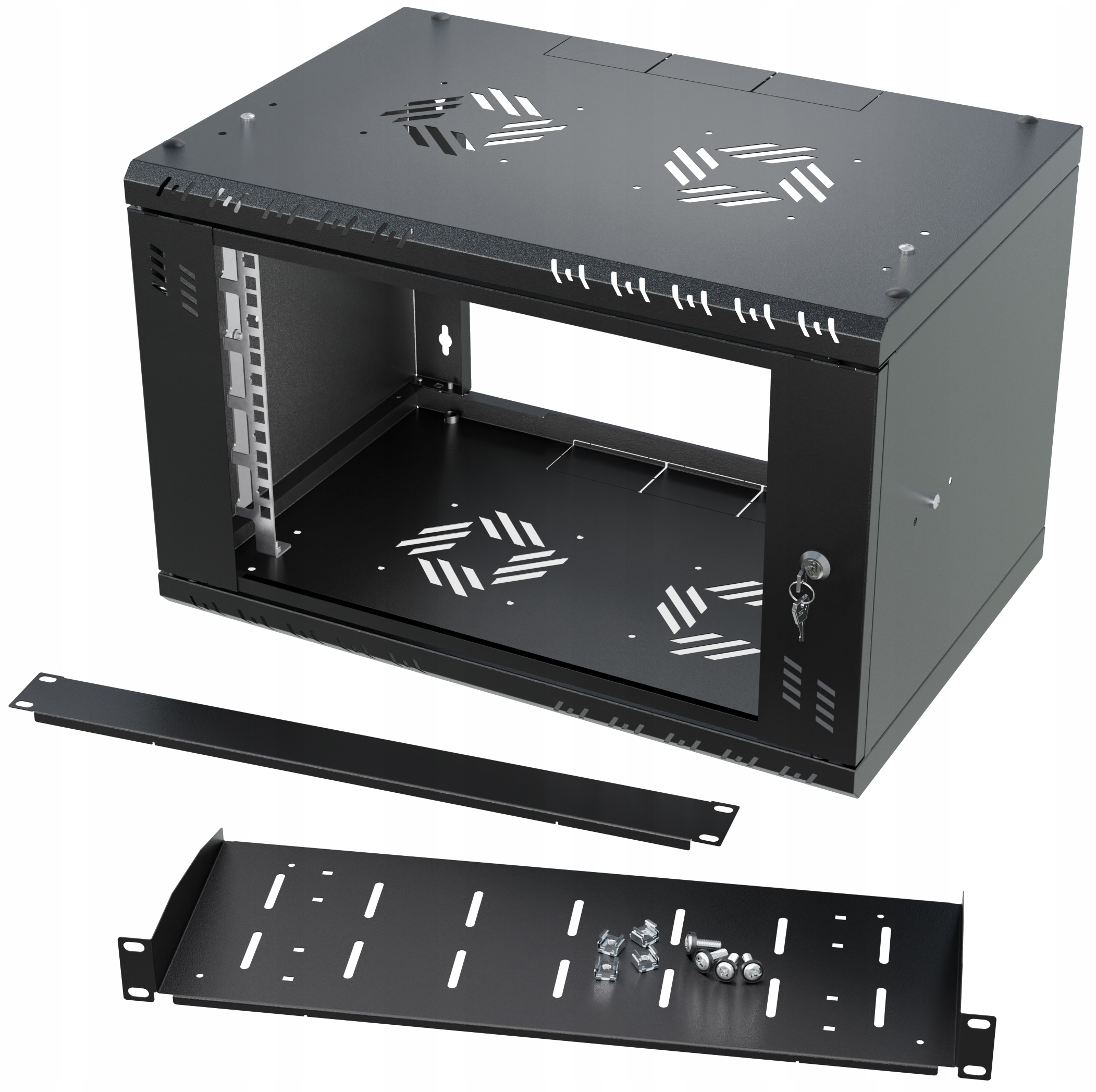 Szafa Rack 19" 6U 350mm półka 15cm maskownica czarna zestaw szyba StalFlex