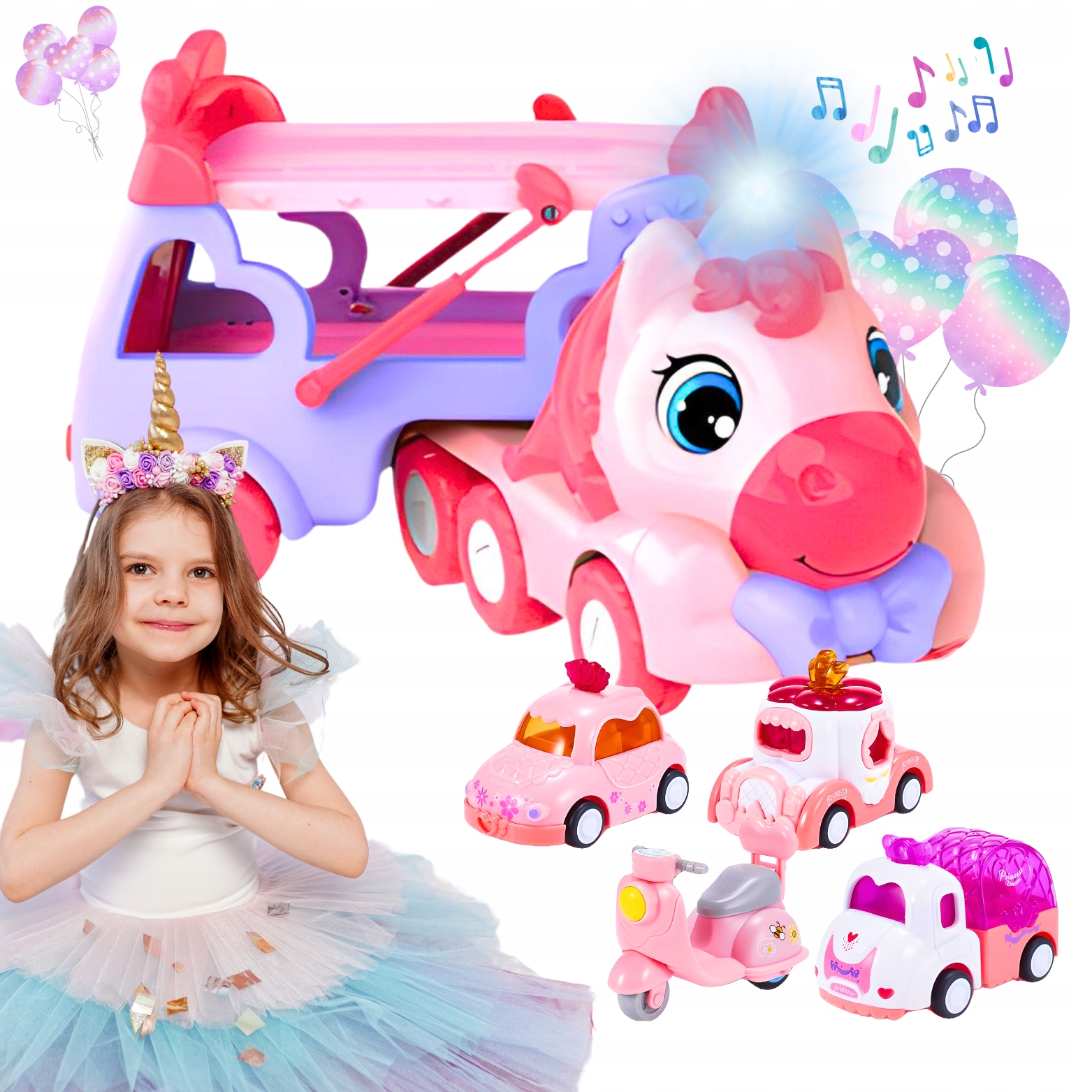 ZESTAW POJAZDÓW JEDNOROŻEC RÓŻOWY LAWETA ŚWIATŁA I DŹWIĘKI
