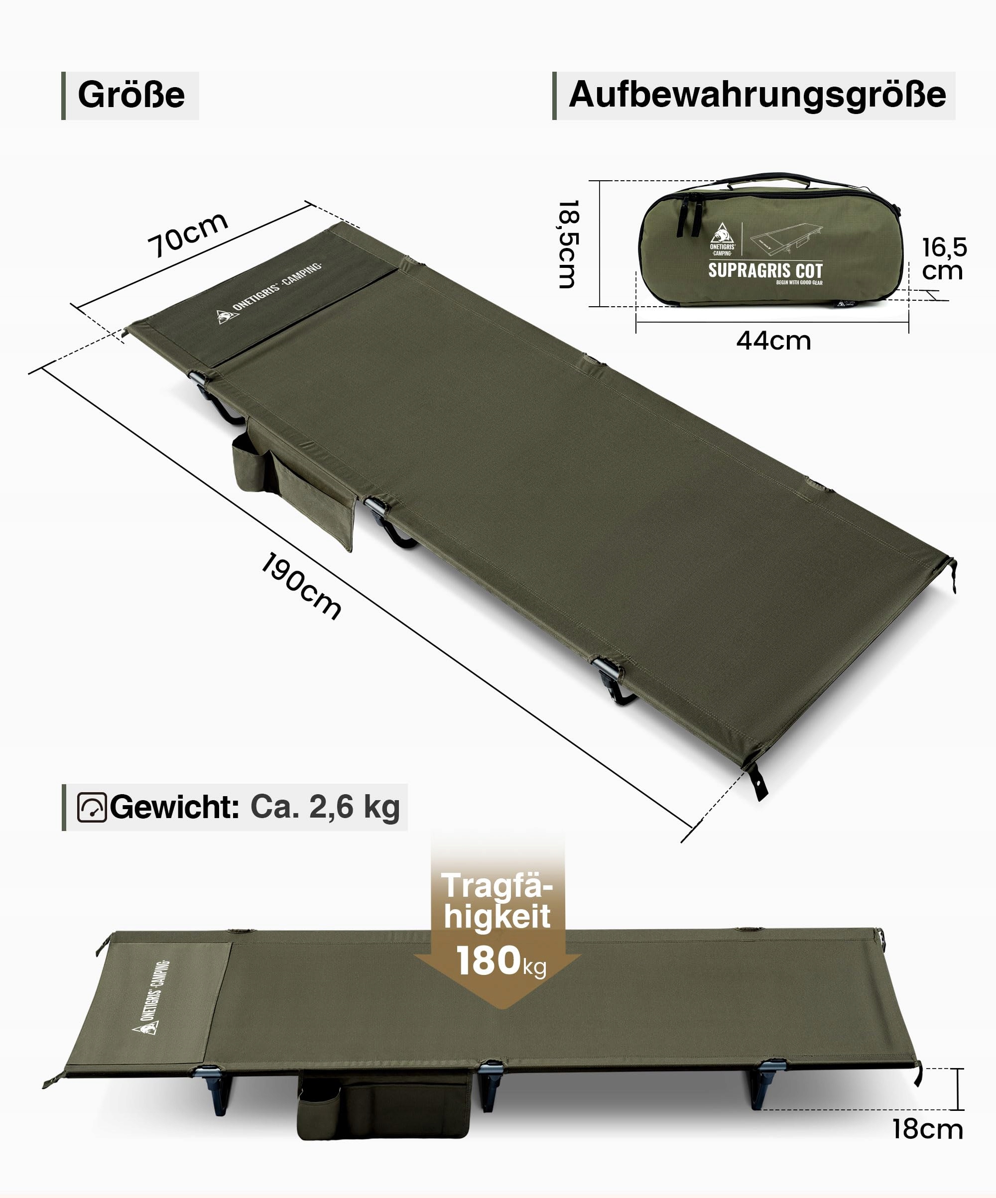 ONETIGRIS SUPRAGRIS Składane Łóżko Polowe Lekkie Do 180kg Camping Outdoor — miniatura 2