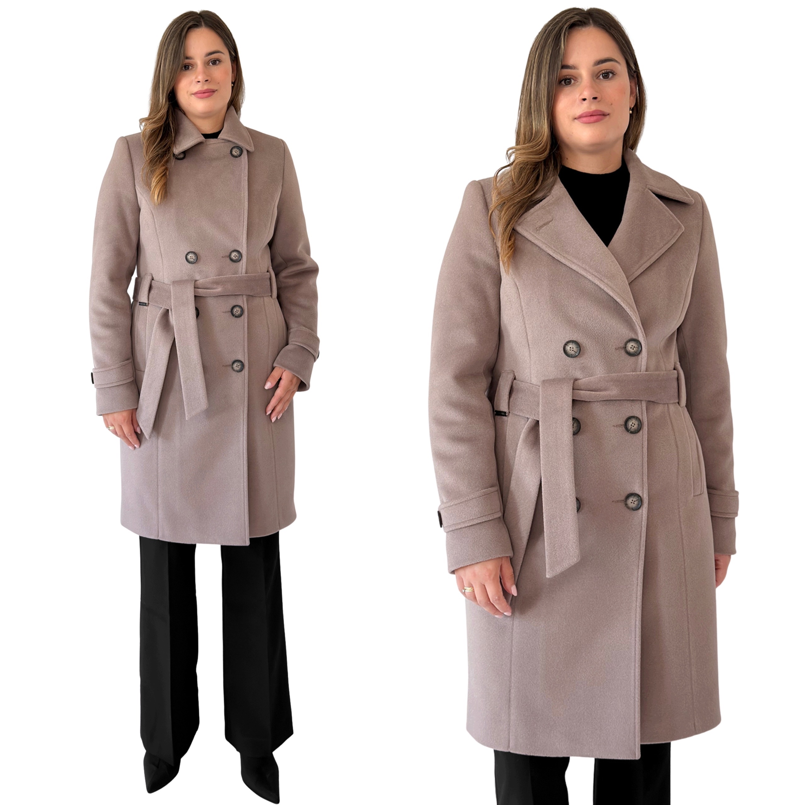 Elegantní dámský dvouřadý zateplený kabát z vlny alpaka Laura cappuccino
