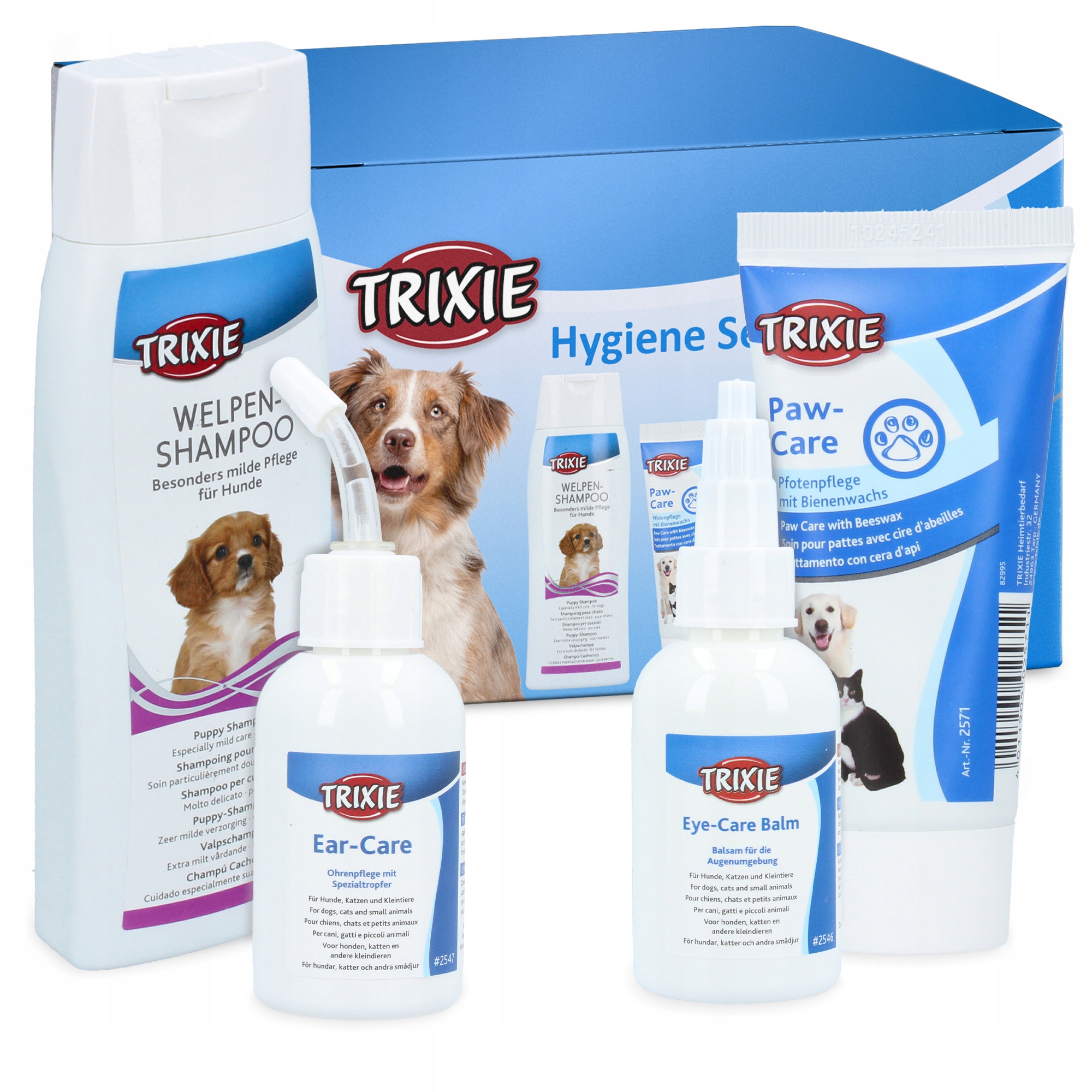 Šampon pro psy a štěňata 250 ml Tekutina na mytí uší Kapky očí Krém na tlapky 3x 50 2D