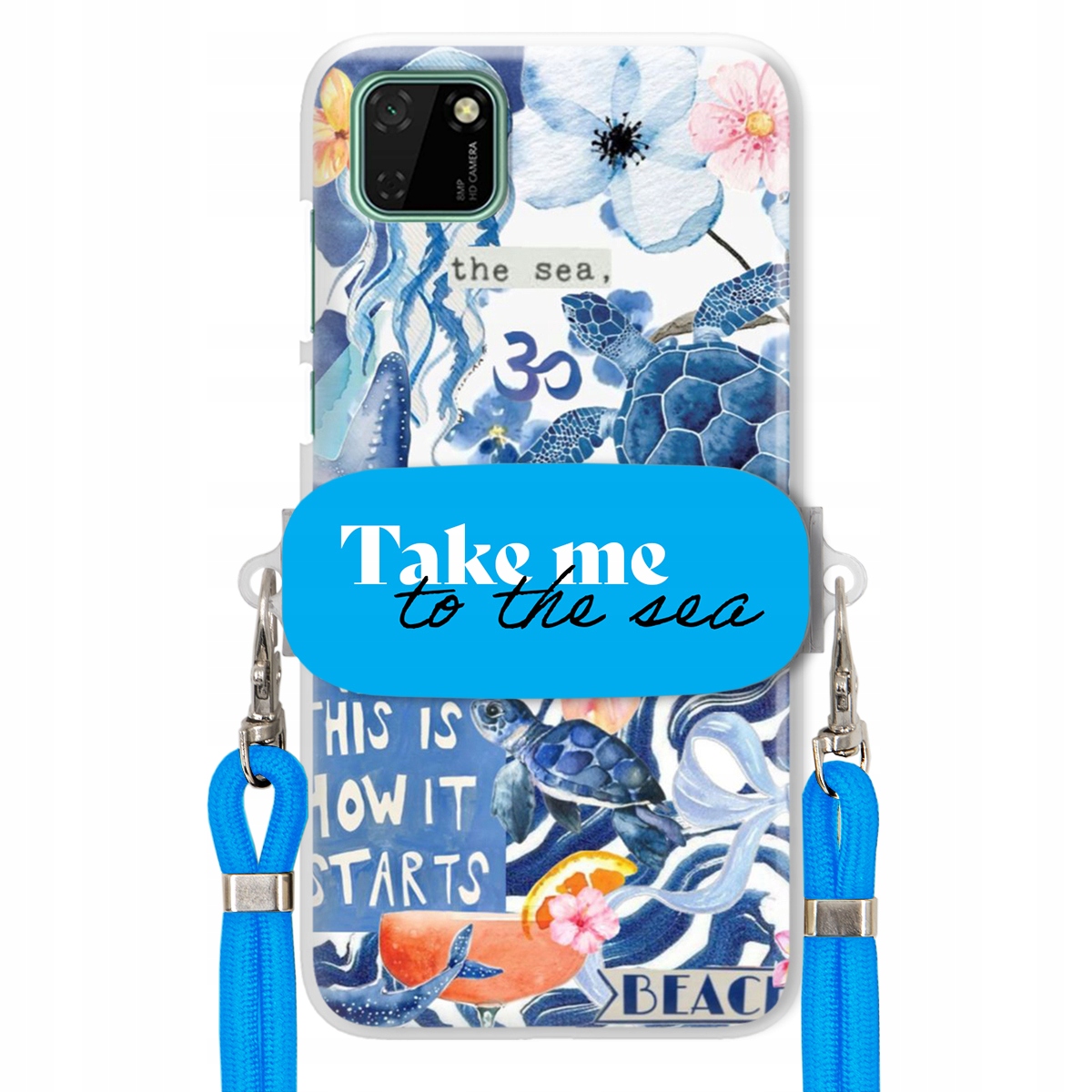 Puzdro pre Huawei Y5P Modré Crossbody vodítko držiak Take Me To The Sea