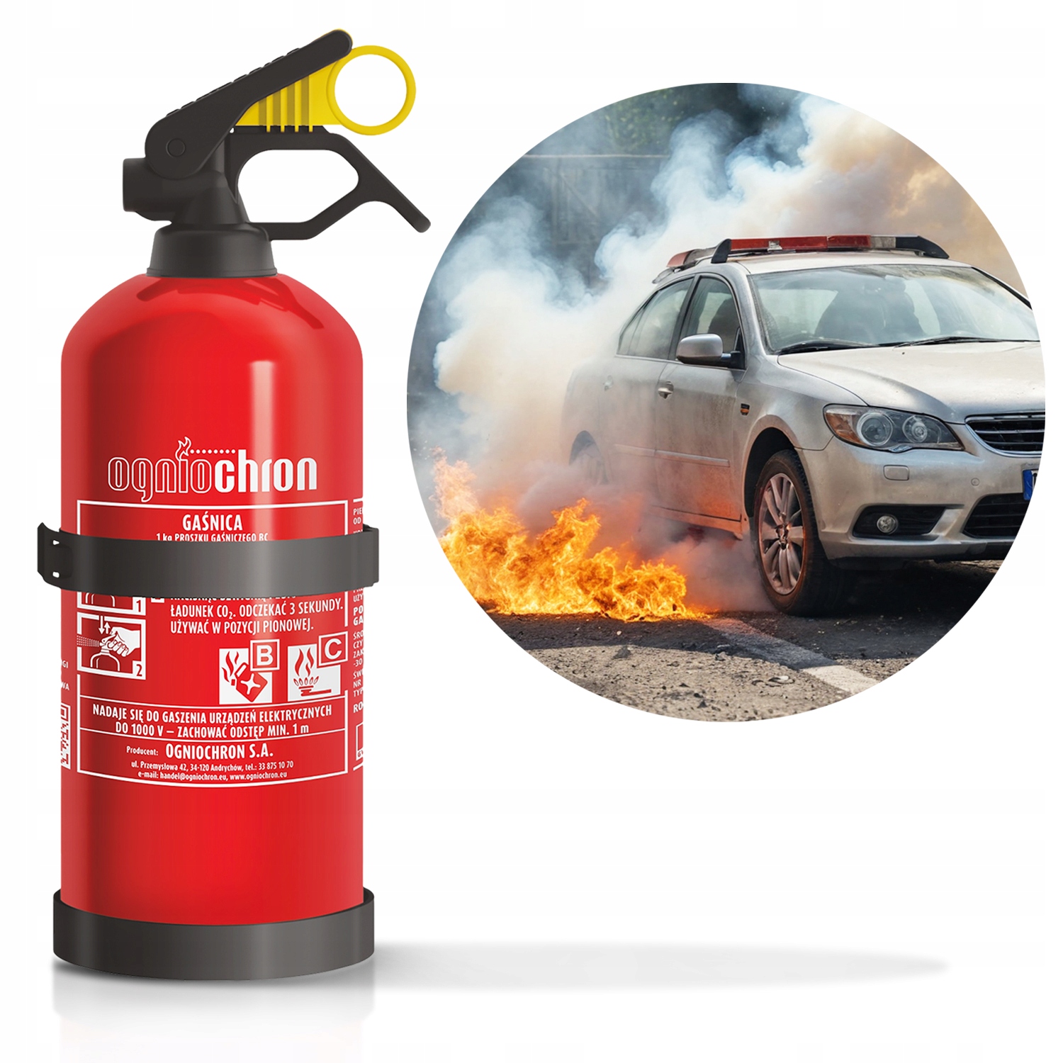 GAŚNICA SAMOCHODOWA 1kg ABC 2024 PROSZKOWA 1kg DO SAMOCHODU +WIESZAK UCHWYT
