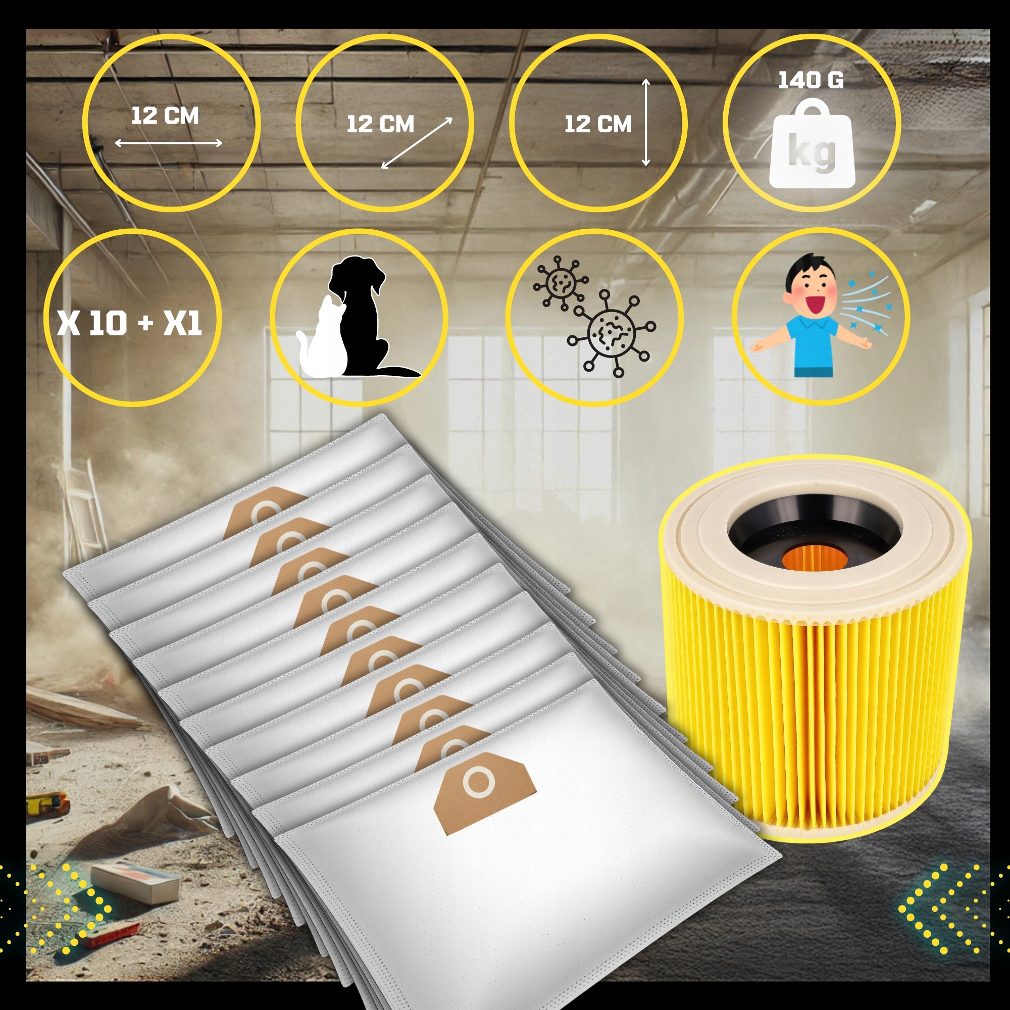 10x WORKI DO ODKURZACZA KARCHER WD3 WOREK WD 3 WD WD 6 SE 4001 Plus FILTR Producent GALAXIA