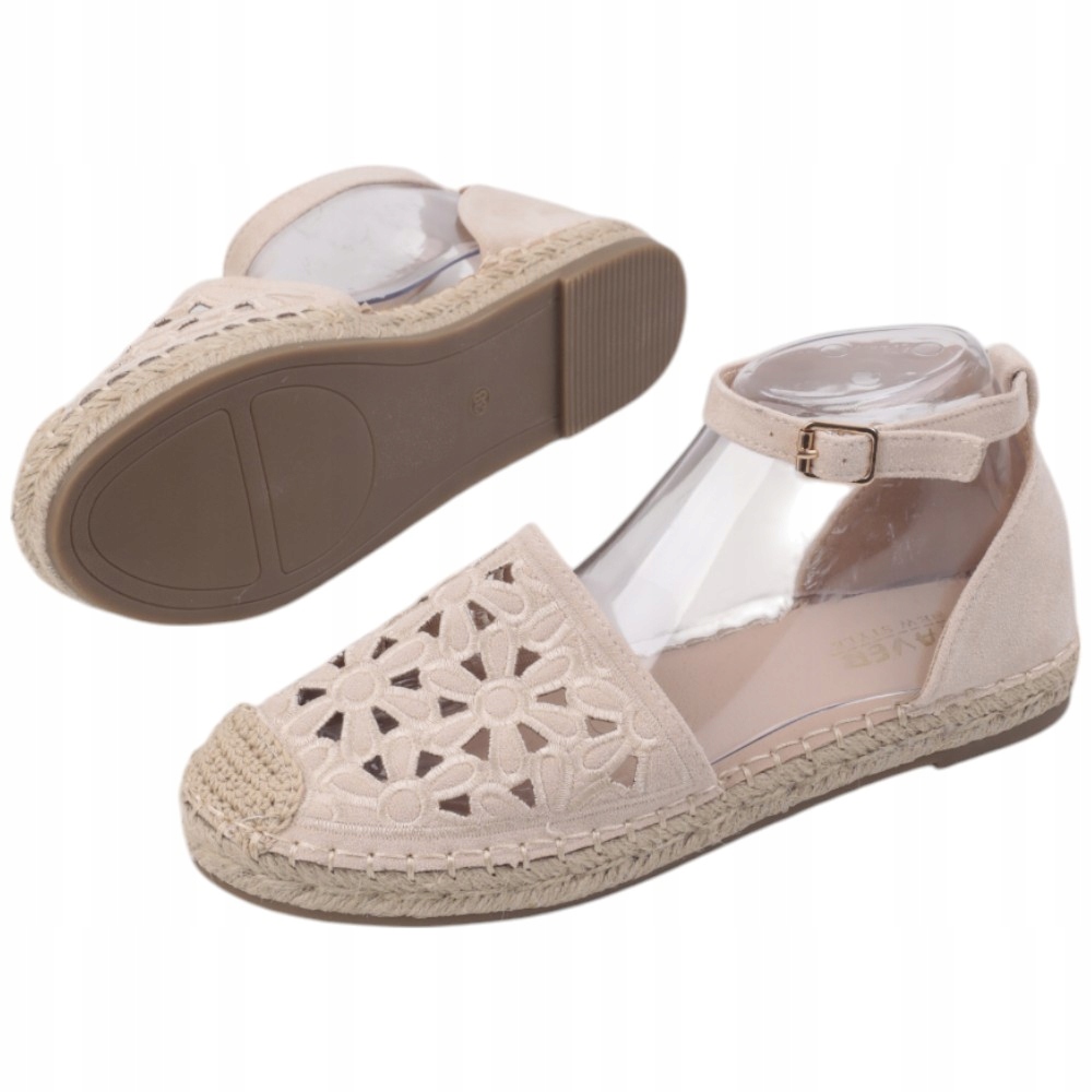 Beżowe Sandałki Damskie Espadryle Ażurowe Płaskie Wkładka Ekoskóra