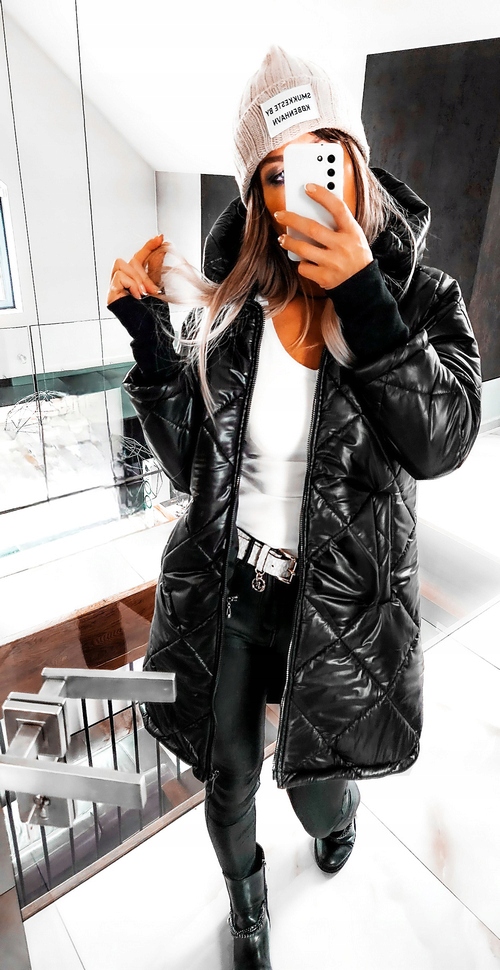 KURTKA DAMSKA PŁASZCZ ASYMETRYCZNA PIKOWANA DŁUŻSZA 40 Długość przed kolana