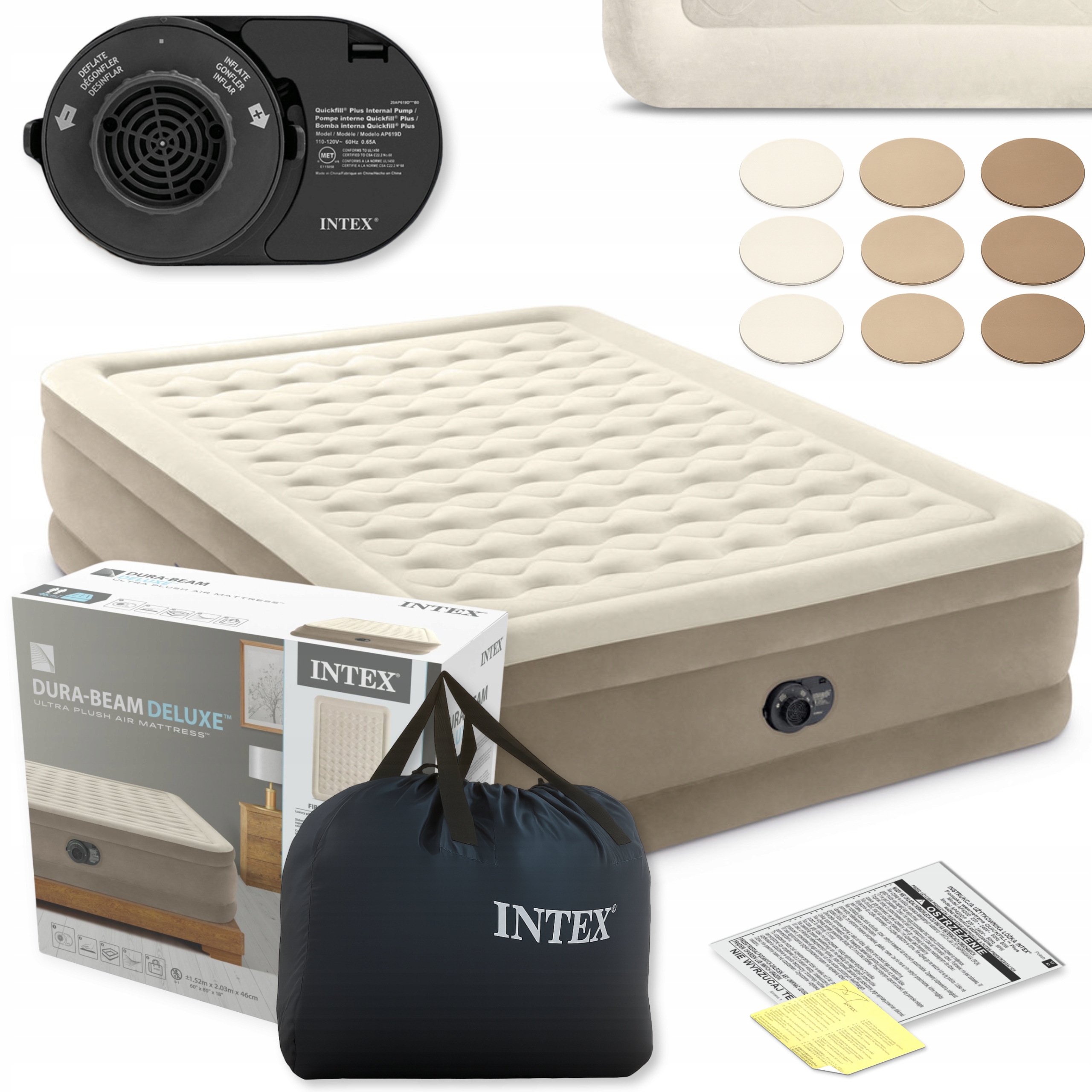 Materac Dmuchany Dwuosobowy Łóżko z Pompką 230V Intex 64428ND Łatki 9szt