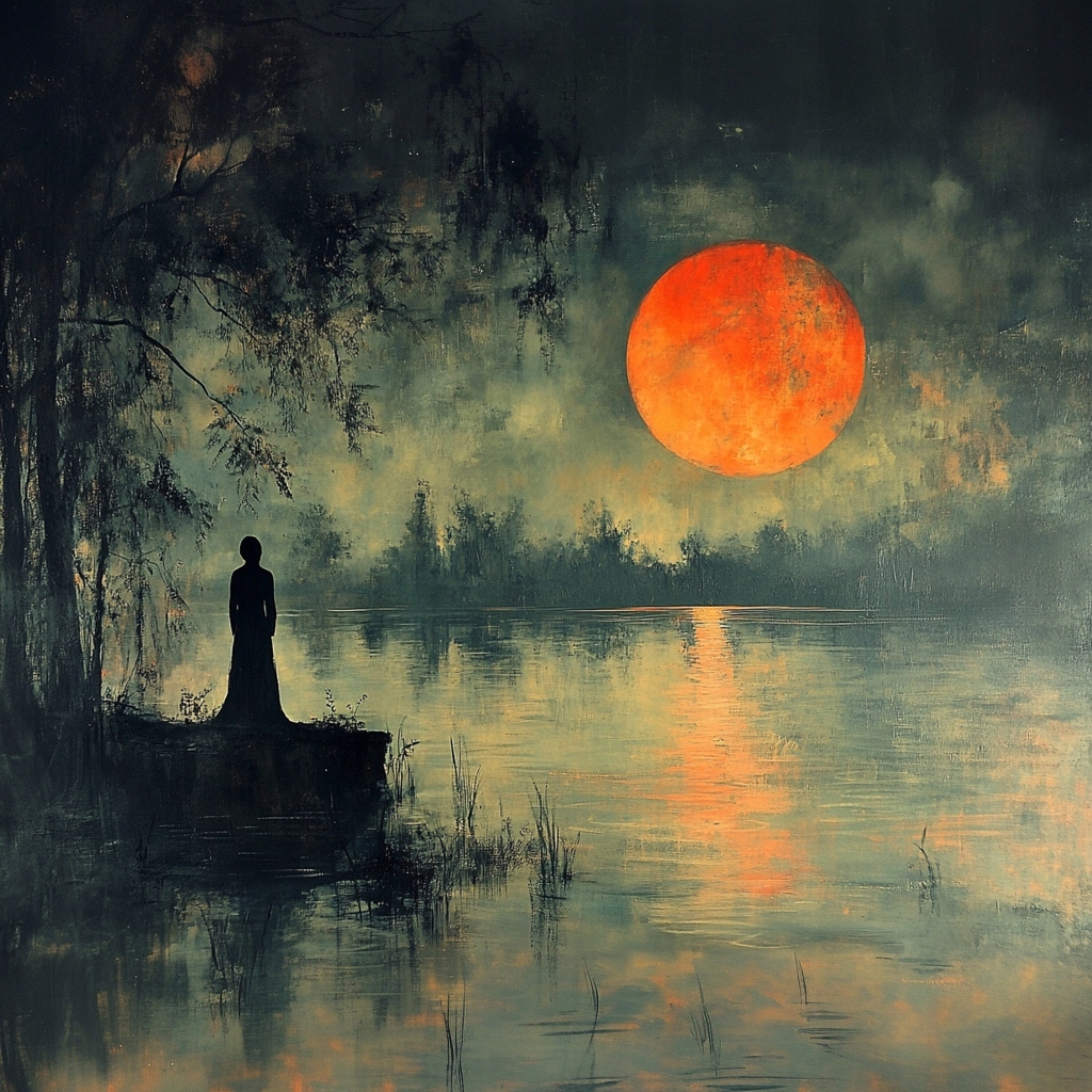 Obraz Na Plátně Canvas Krajina Jezero Měsíc Postava Žena Noc 80x80