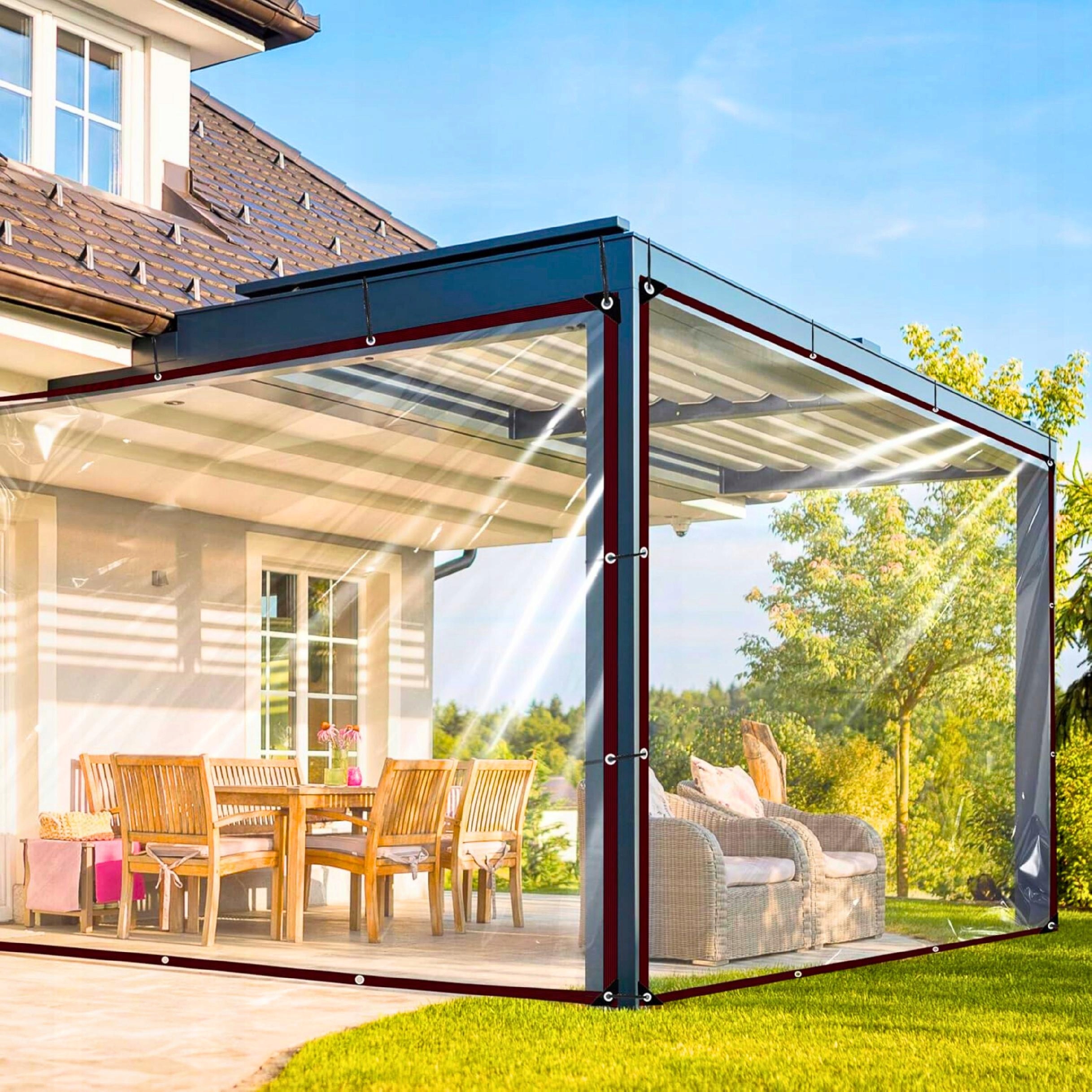 Průhledná Zahradní Terasová Plachta Voděodolná S Anti-uv Oky 2X2 M