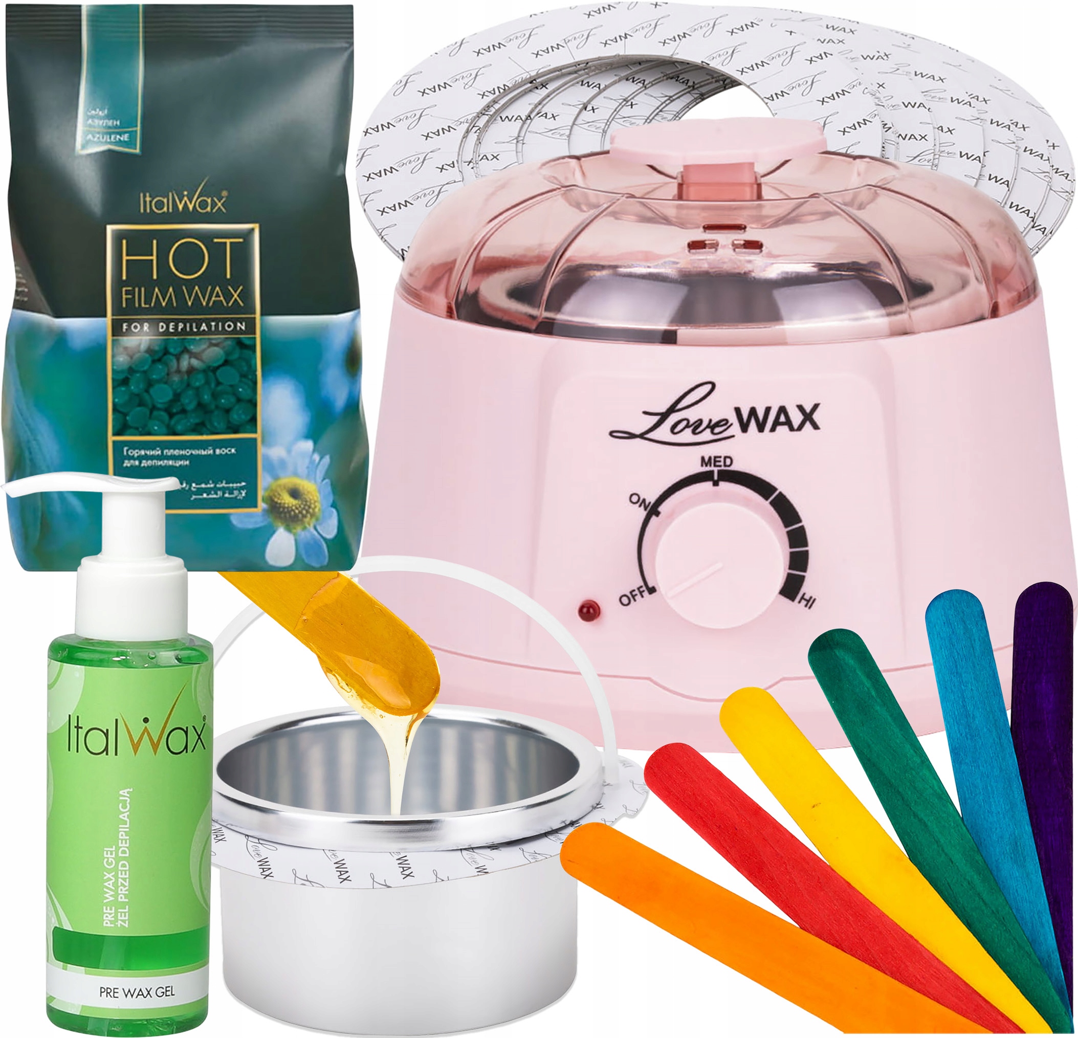 Ohřívač vosku LoveWax 500 ml 50 kroužků špachtle Vosk Gel