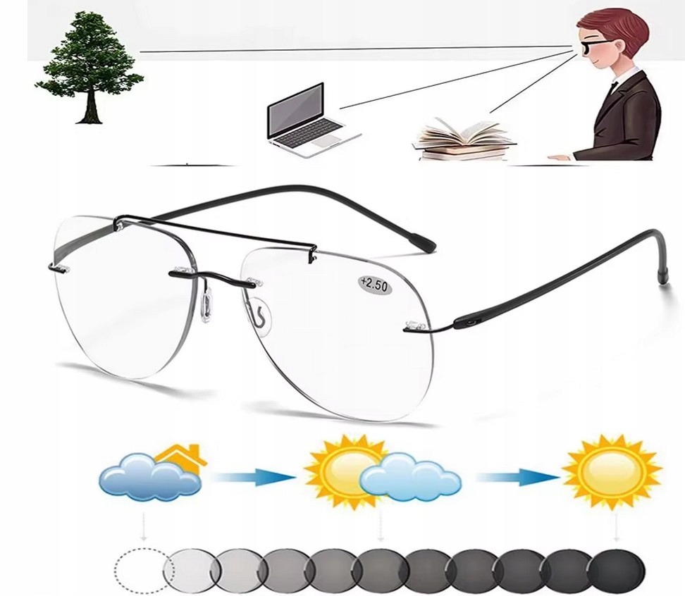 Okulary progresywne Fotochromowe do czytania Pilotki dal: 'zero', bliż: +2