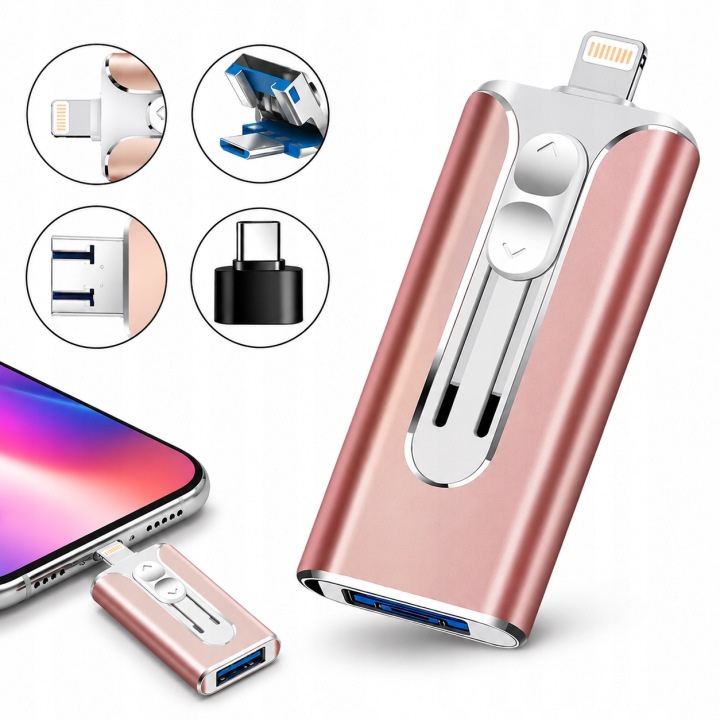 Pendrive 128GB 4in1 Usb 3.0 iPhone Android Usb-c Pc Mac Lightning Rózsaszín