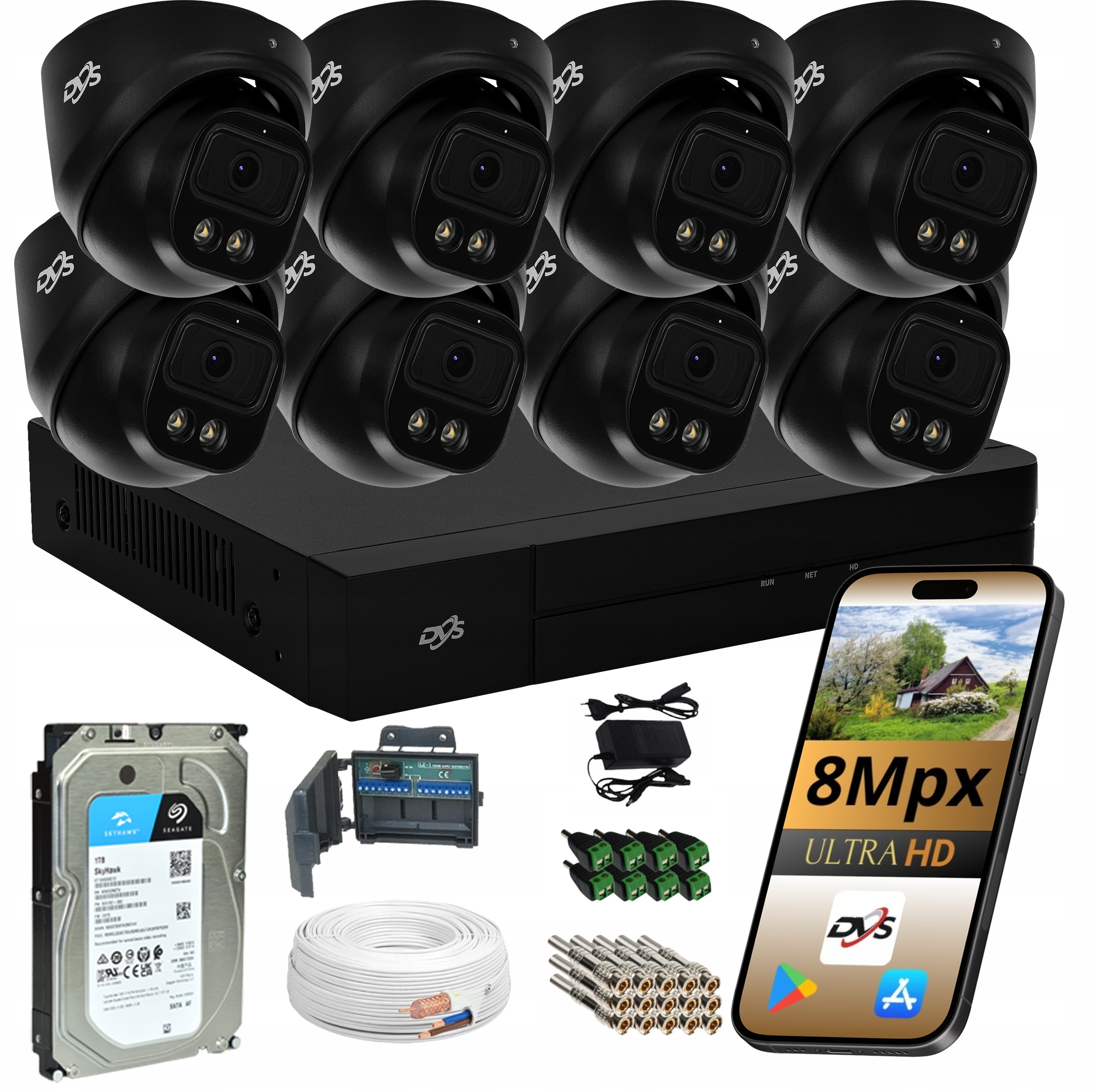 Sada 8 Kamer Pro Monitorování Analogové Černé 8Mpx aplikace Dvs Disk 1TB