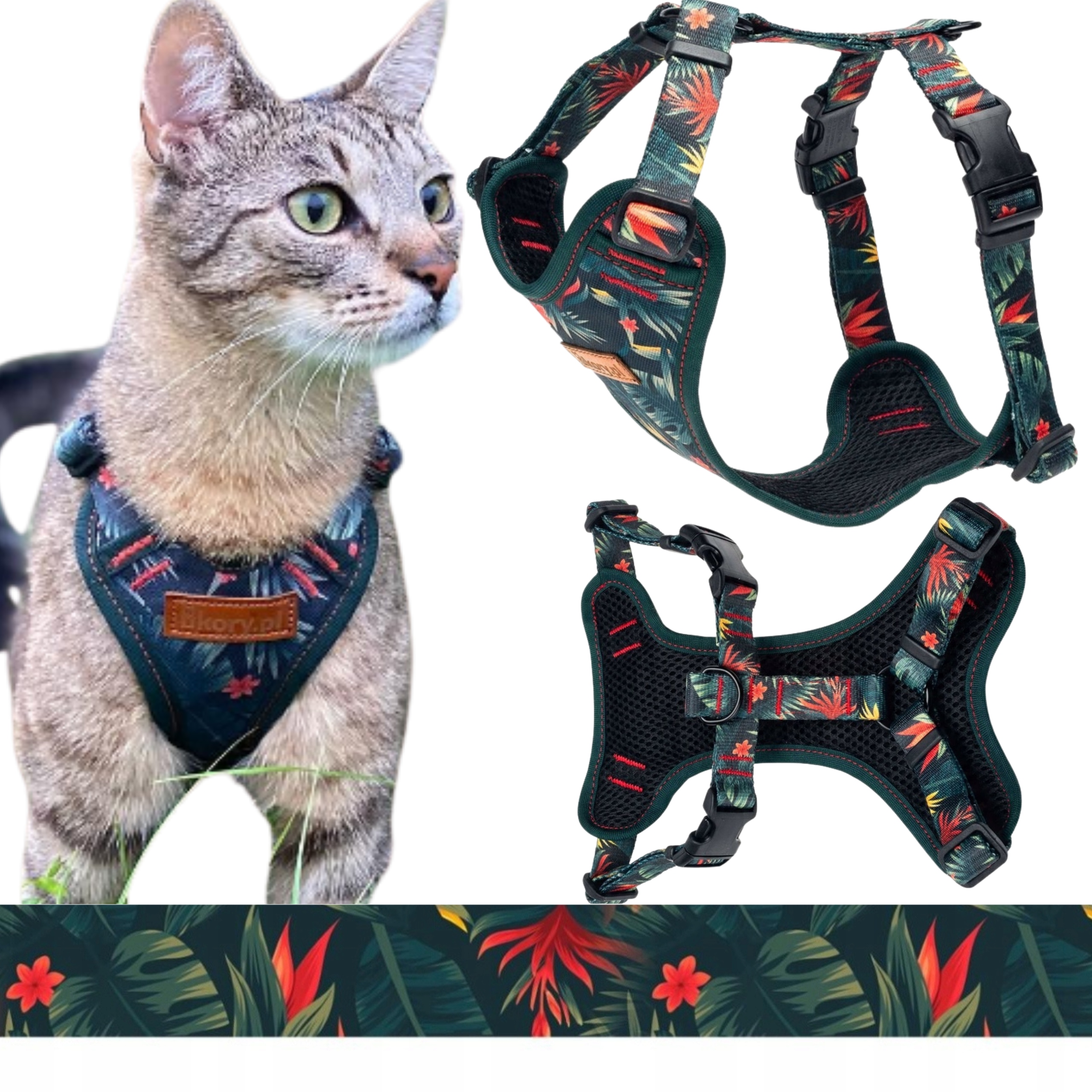 Levně Beztlakové nastavitelné popruhy pro kočky do přepravky Ukory Zelené listy