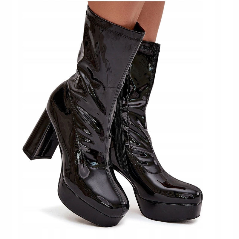 Dámské Kotníkové Boty Lakované Eko Kůže Podpatek Sloupek Platforma Černé 37