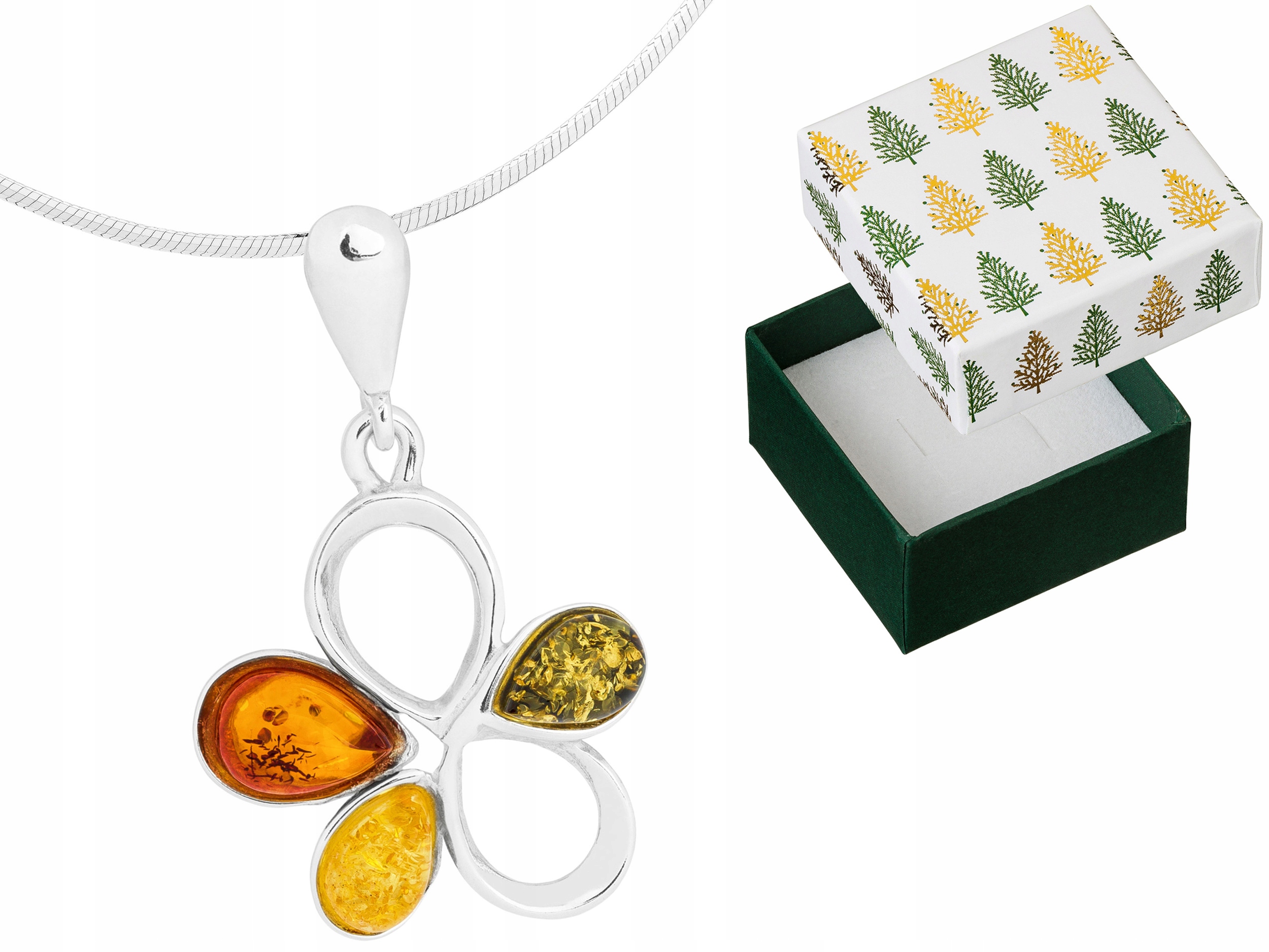 Dlouhý Stříbrný Dámský Náhrdelník Květina s Jantarem Malý Květ Jantar 65