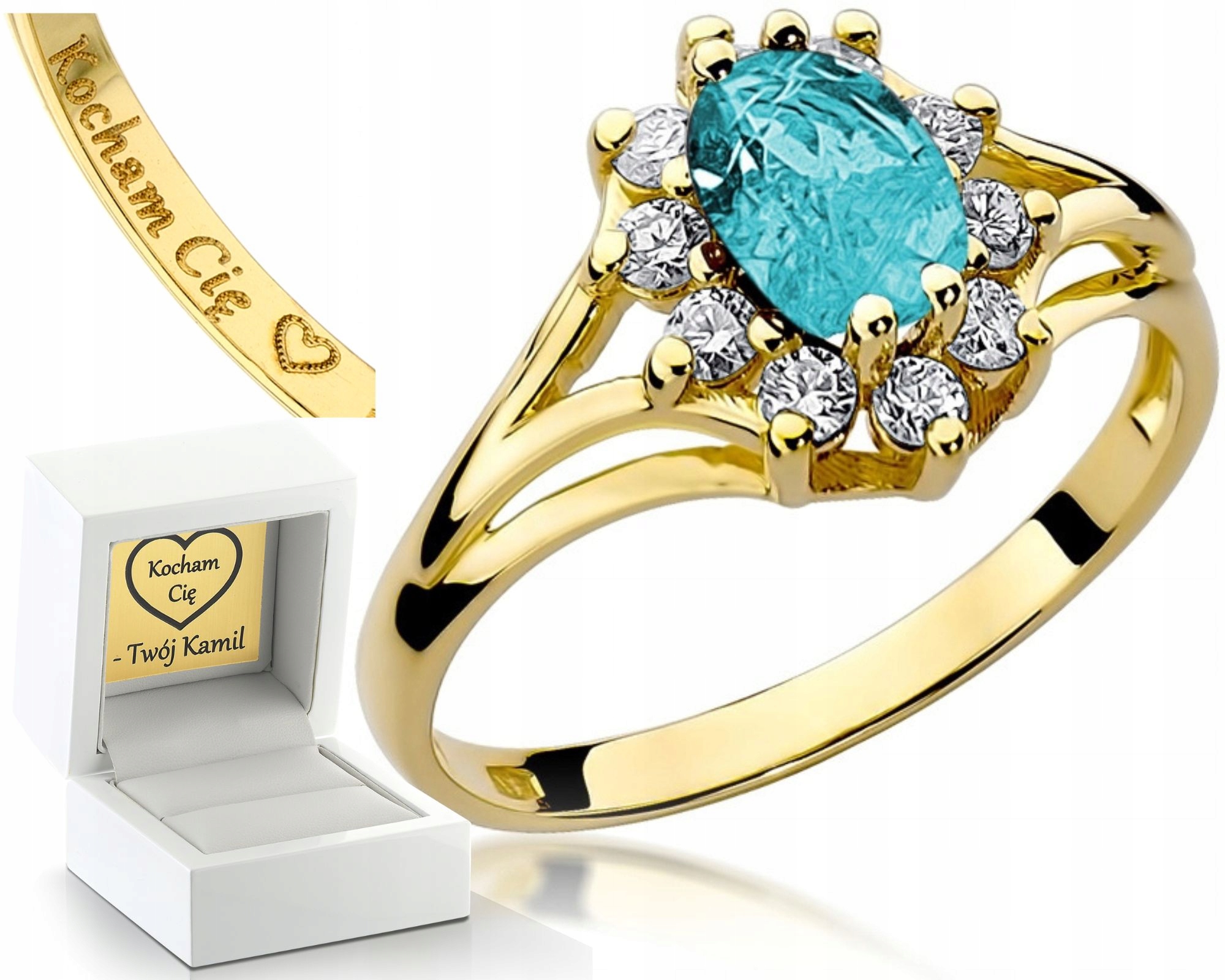 Klasický Prstýnek Topaz A Diamanty 585 Gravírování