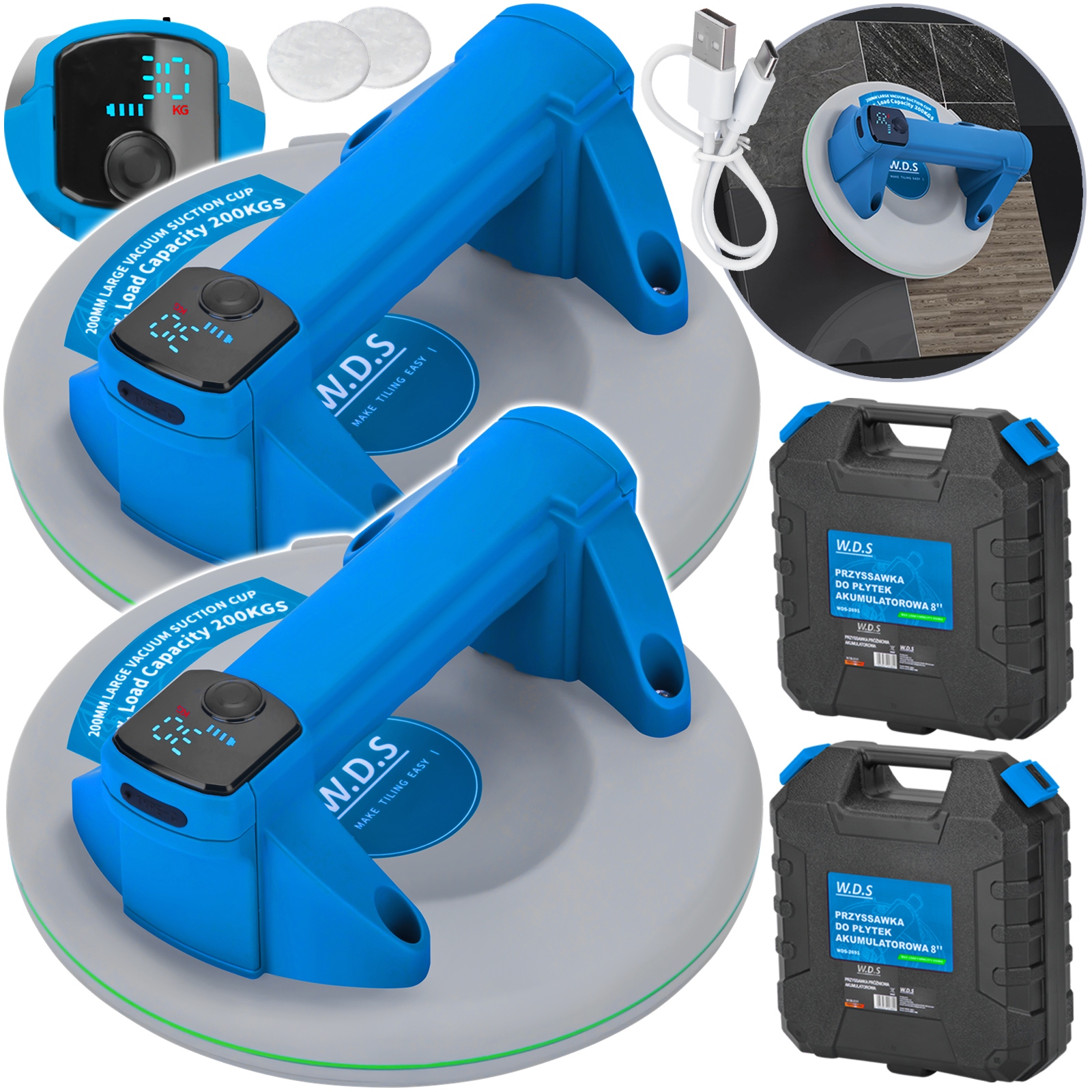 2x Przyssawka Próżniowa Akumulatorowa Do Płytek Szyb Gresu LCD 200KG -2 Szt
