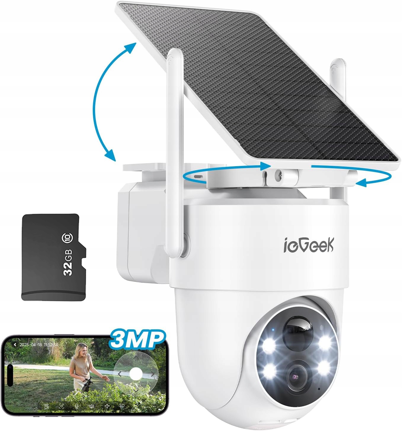 Venkovní Otočná Bezdrátová Solární Kamera Wifi 2K 3MPx 4X Zoom 32GB