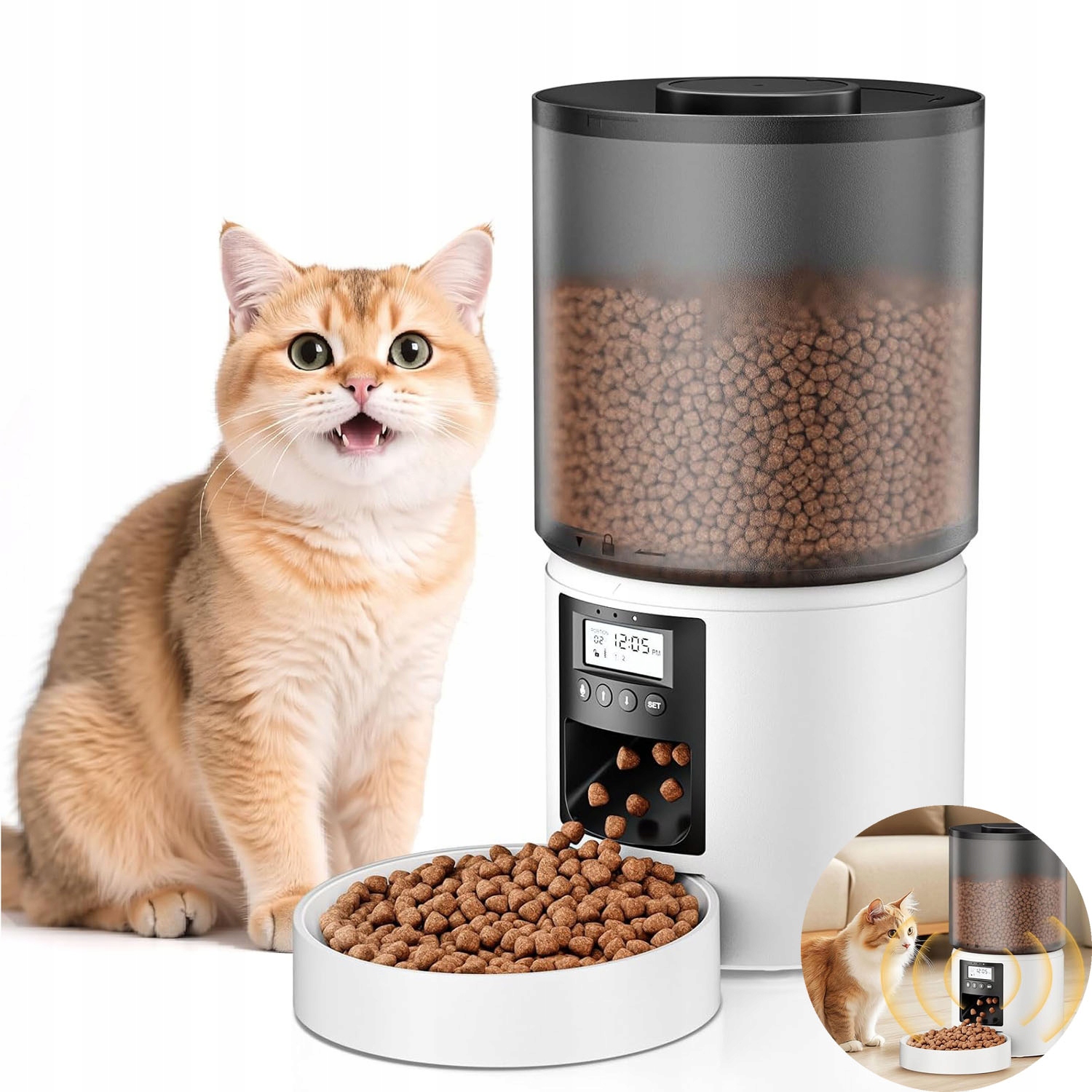 Levně Automatický dávkovač krmiva pro kočky 4L, kulatý dávkovač krmiva pro psy s hlasovým záznamníkem Bílý