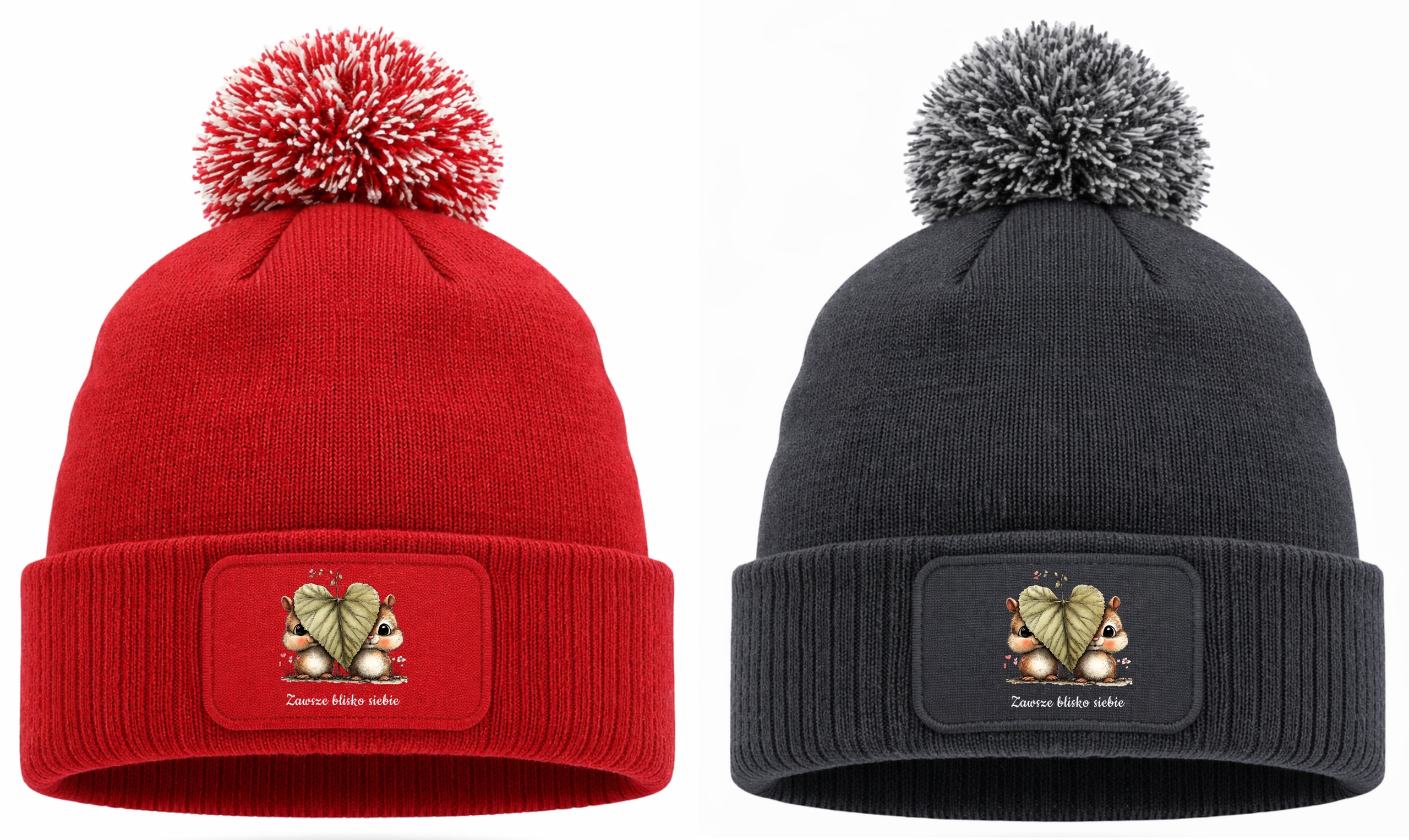 Čepice Zimní s Pomponem pro pár Valentýn Dárek Vždy blízko u sebe