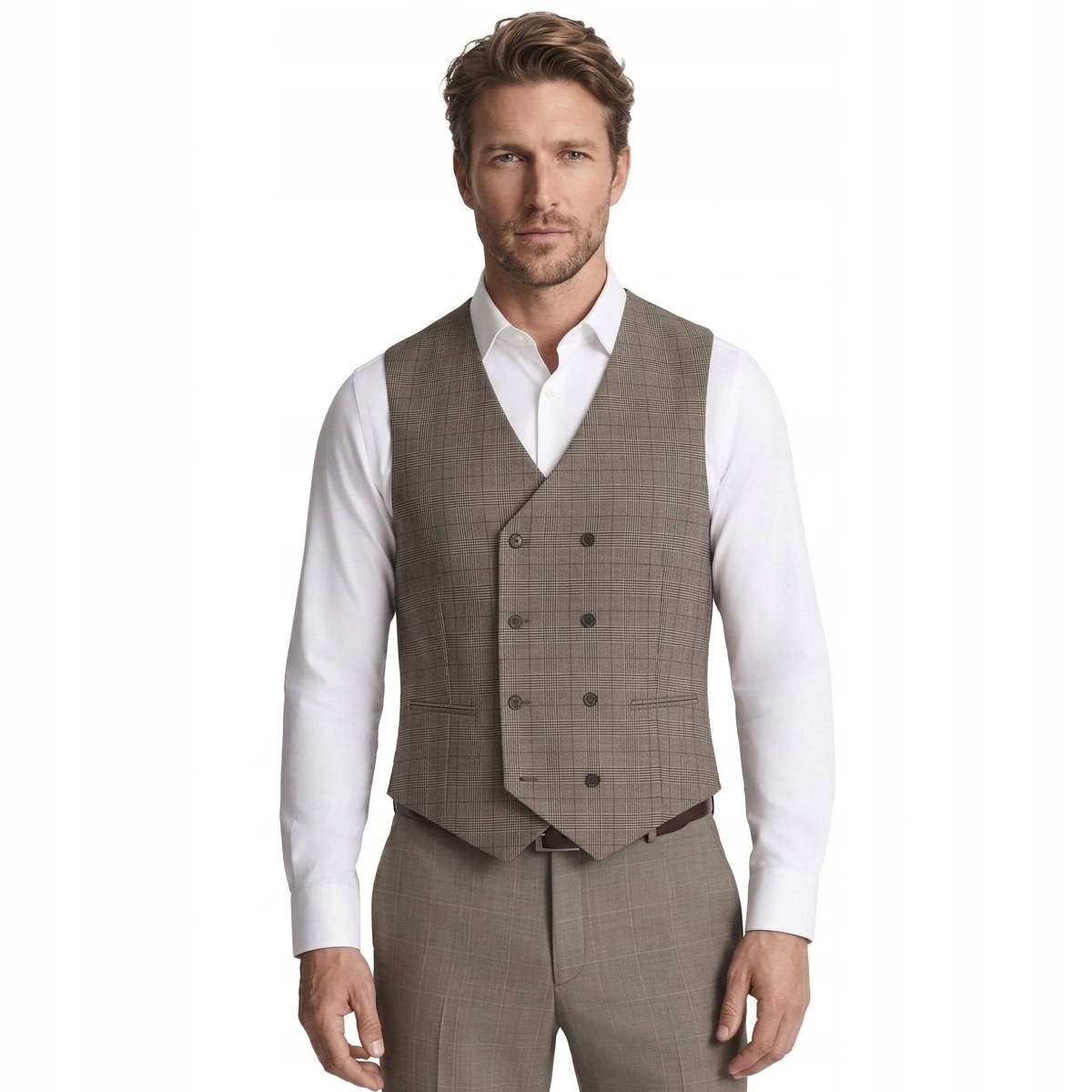 Hnědá dvouřadá kostkovaná vesta Slim Fit Pako Lorente vel