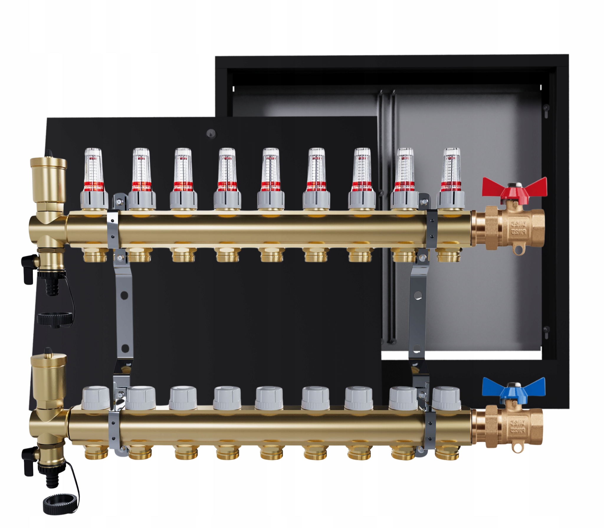 Rozdělovač podlahových krytin mosazný 9 okruhů skříňka černá jednoduchý ventil