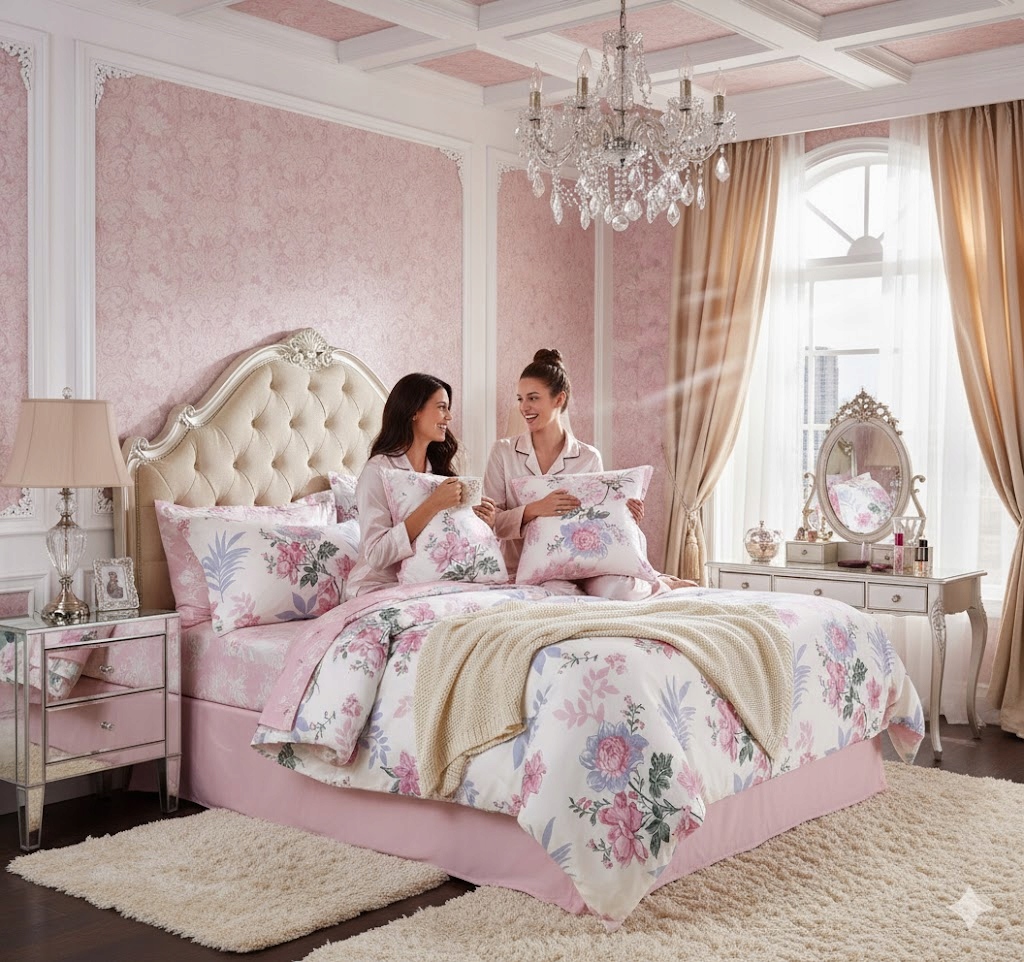 3dílná sada povlečení na peřinu z bavlny s růžovým květem a bílým podkladem 160×200 cm