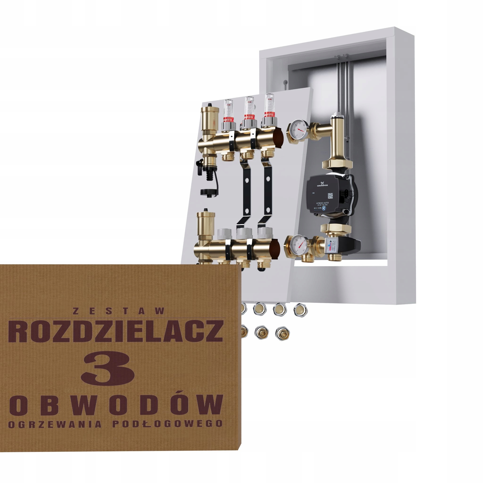 Rozdělovač pro podlahu 3 sekce s čerpadlem GRUNDFOS+nástěnná skříňka+PEX