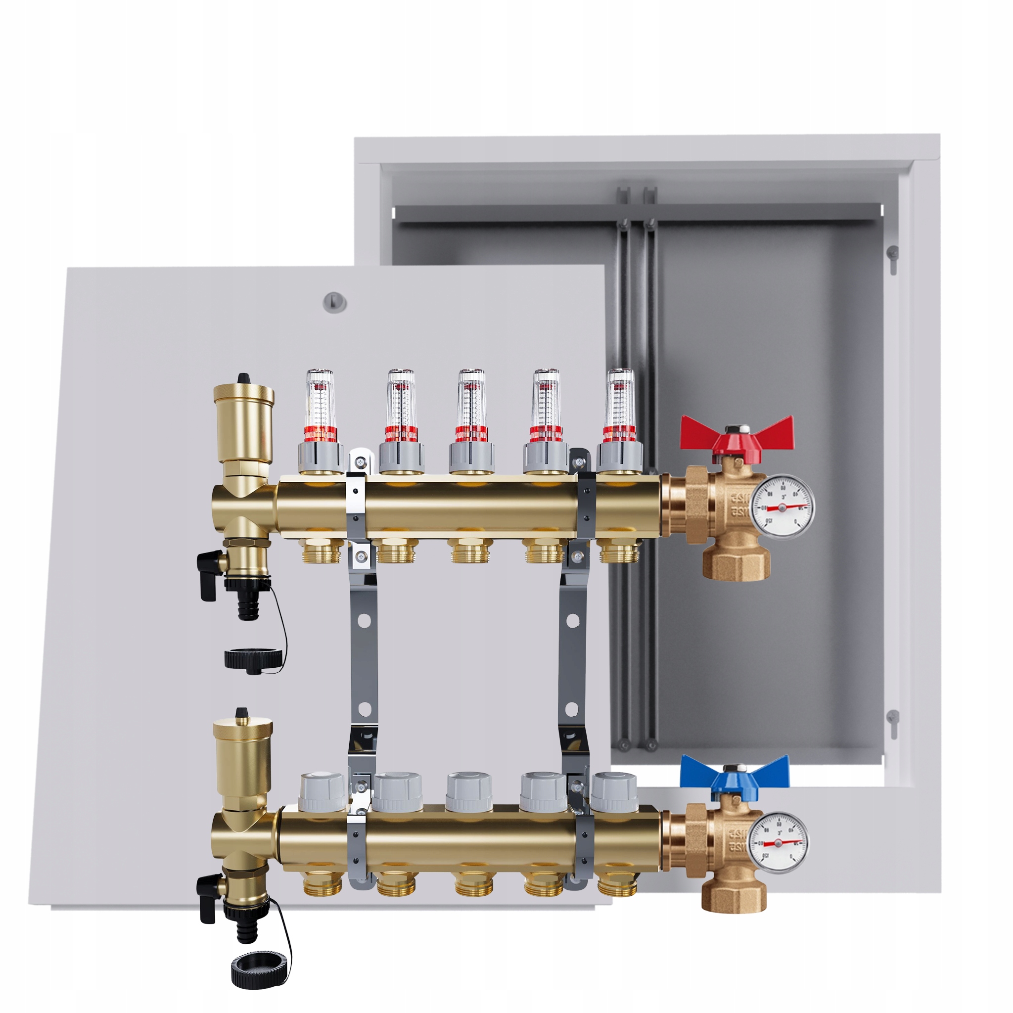Rozdělovač Pro Podlahovou Krytinu 5 Okruhů Ventil Teploměr Nástěnná Skříňka