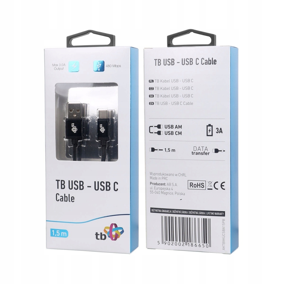 Tb Kabel USB-USB C 1.5m czarny sznurek premium