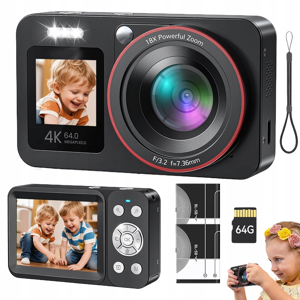 Digitální Fotoaparát Hd Přenosný Fotoaparát 4K 64 Mp Stabilizace Se Zoomem 18X 64 Gb