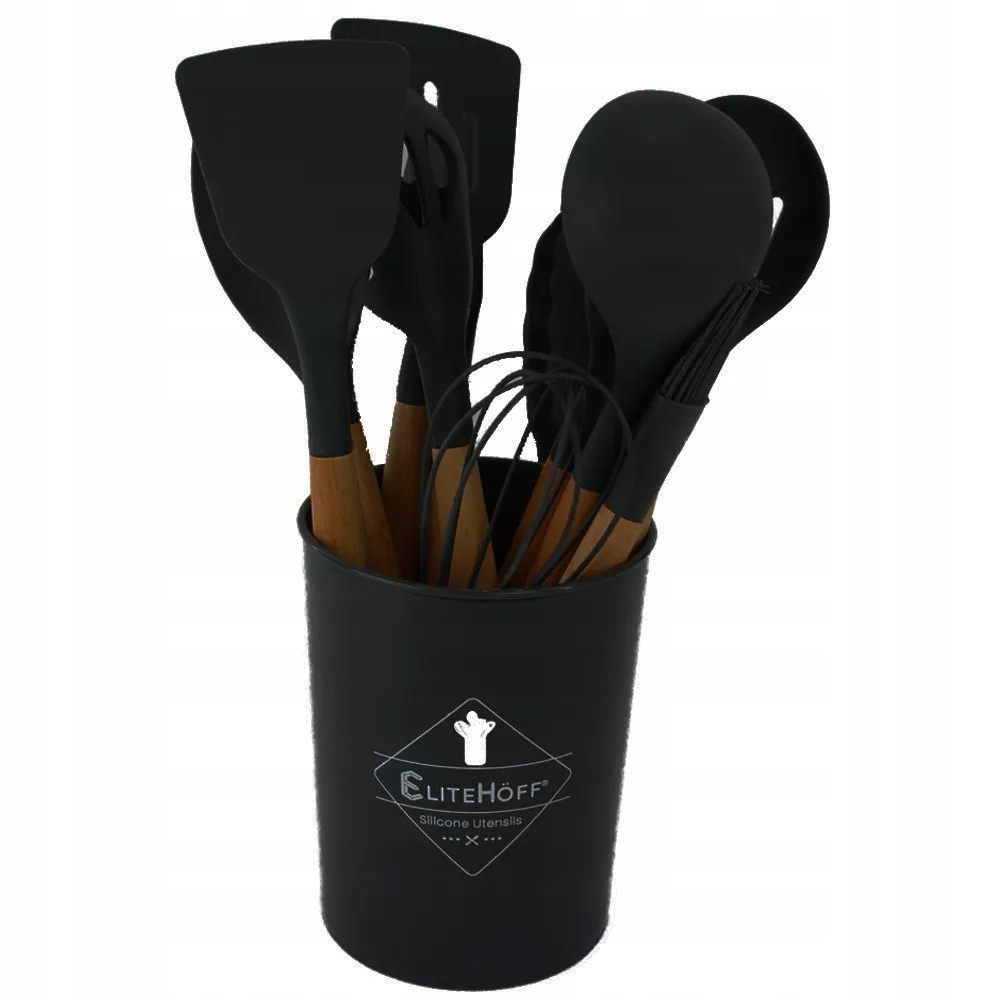 Przybory kuchenne Elitehoff czarne komplet 12 szt narzędzi z przybornikiem