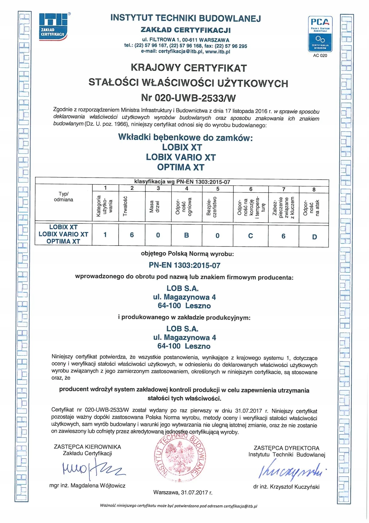 Wkładka Optima 40G/60 system LOB MASTER KEY Informacje dodatkowe Atest
