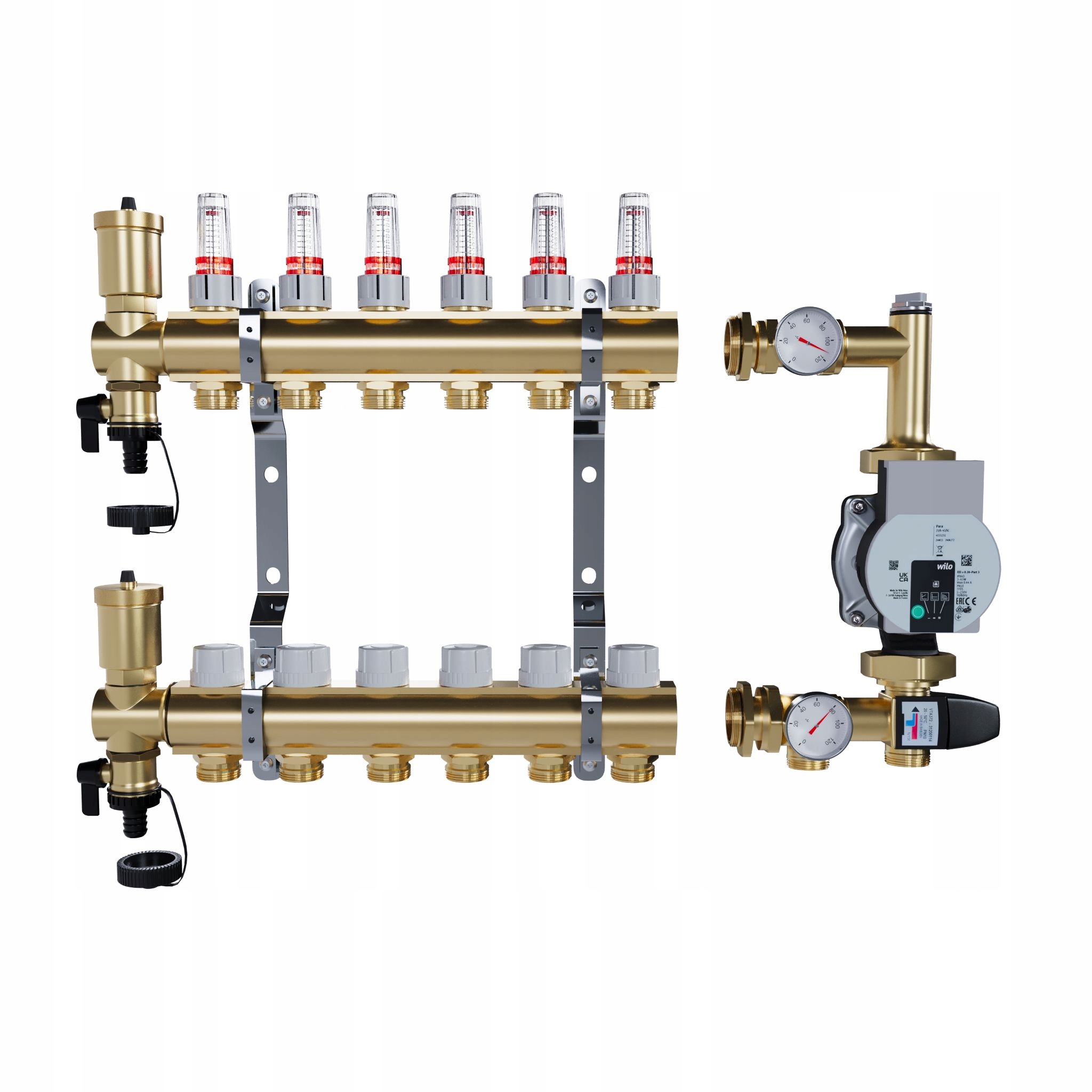 Rozdělovač pro podlahové topení 6 mosazných sekcí Čerpadlo Wilo