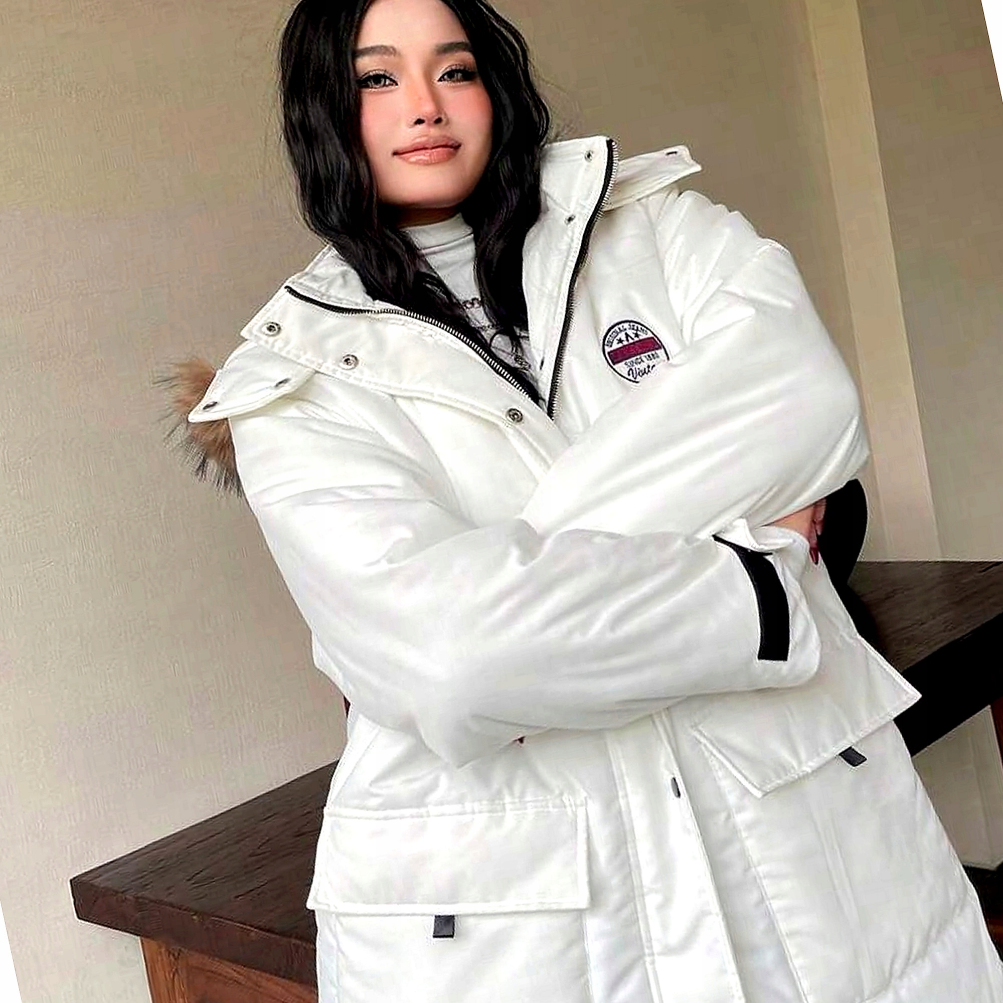 Dámská nepromokavá, péřová termo bunda na zimu S Kapucí Ecru 4XL 48