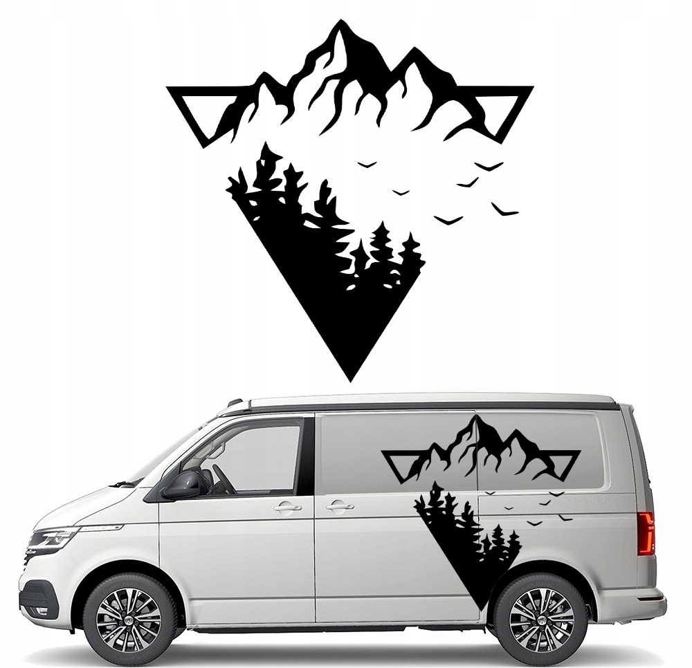 Samolepka Grafika na auto karavan přívěs Horský Motiv Hory Les Ptáci 90x91