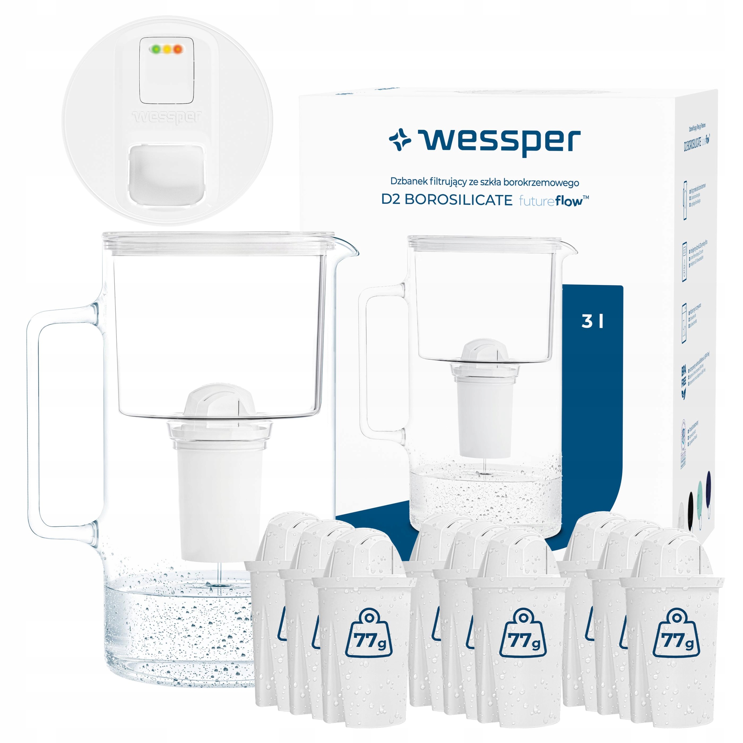 Filtrační konvice skleněná Wessper D2 Borosilicate Ff 3 l Led 10 x filtr