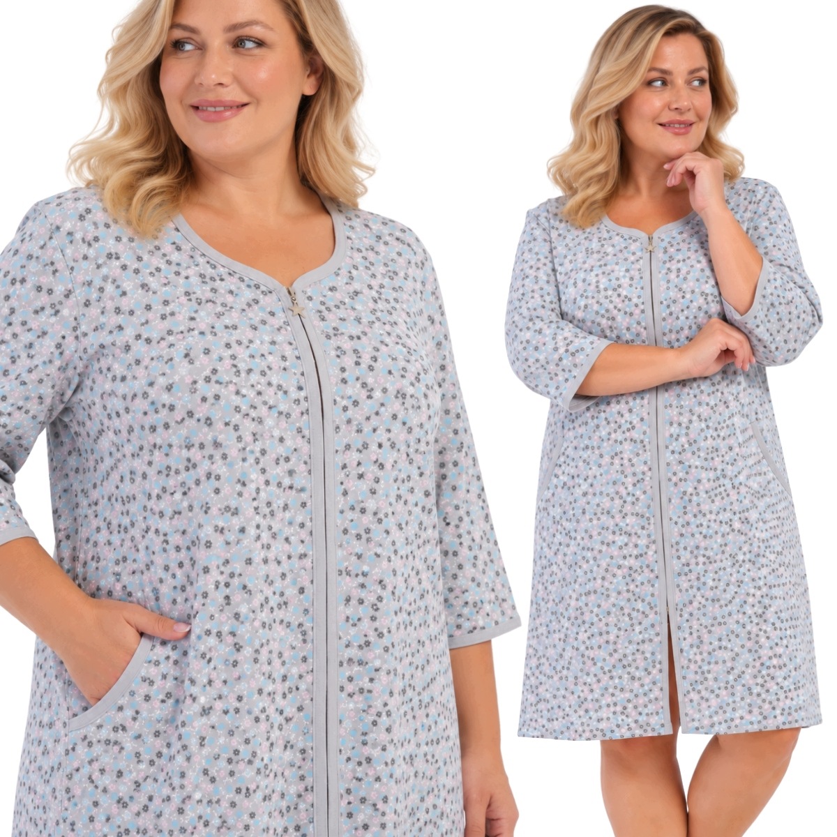 Dámský bavlněný župan na zip s květinovým vzorem 4070 Plus Size 4XL