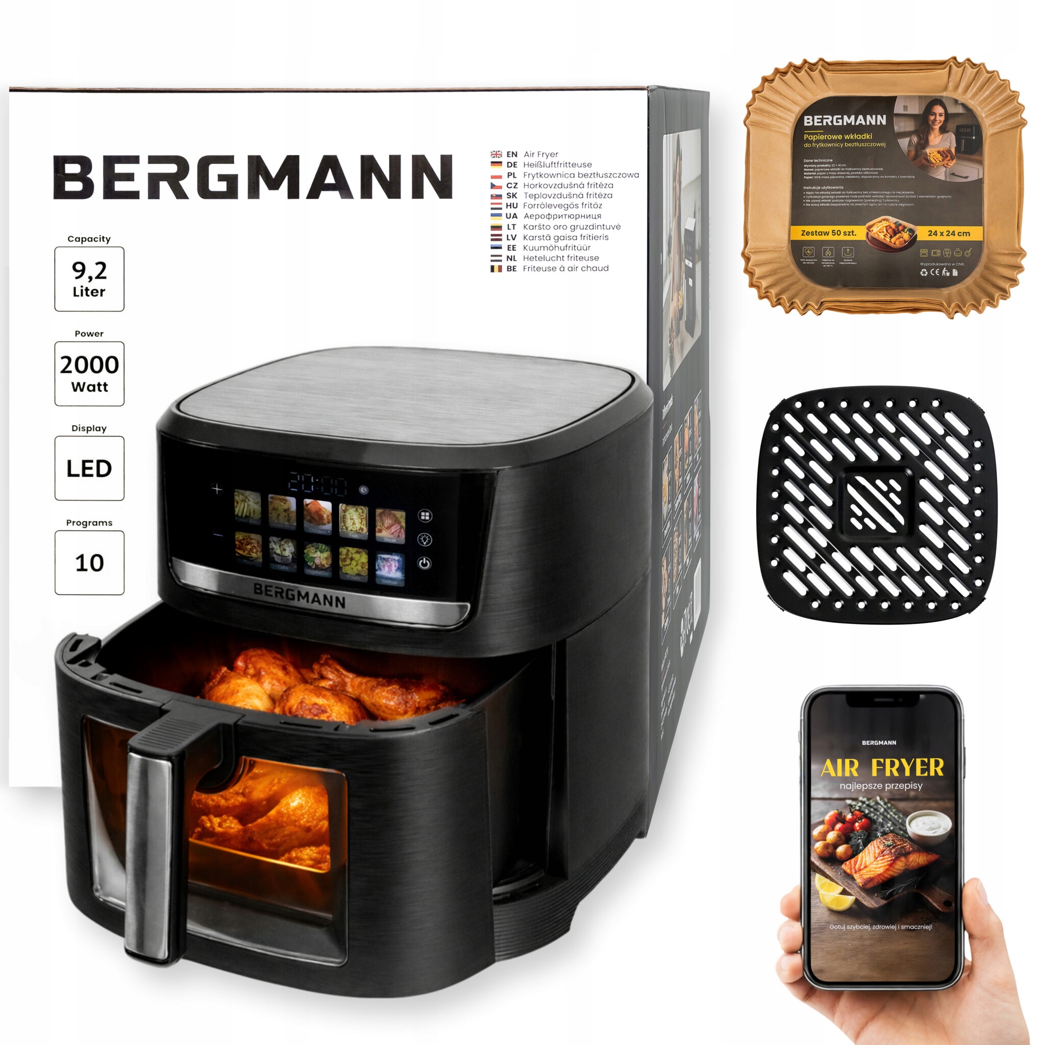 Frytkownica Beztłuszczowa 9,2L Air Fryer Bergmann 2000W 10 Programów
