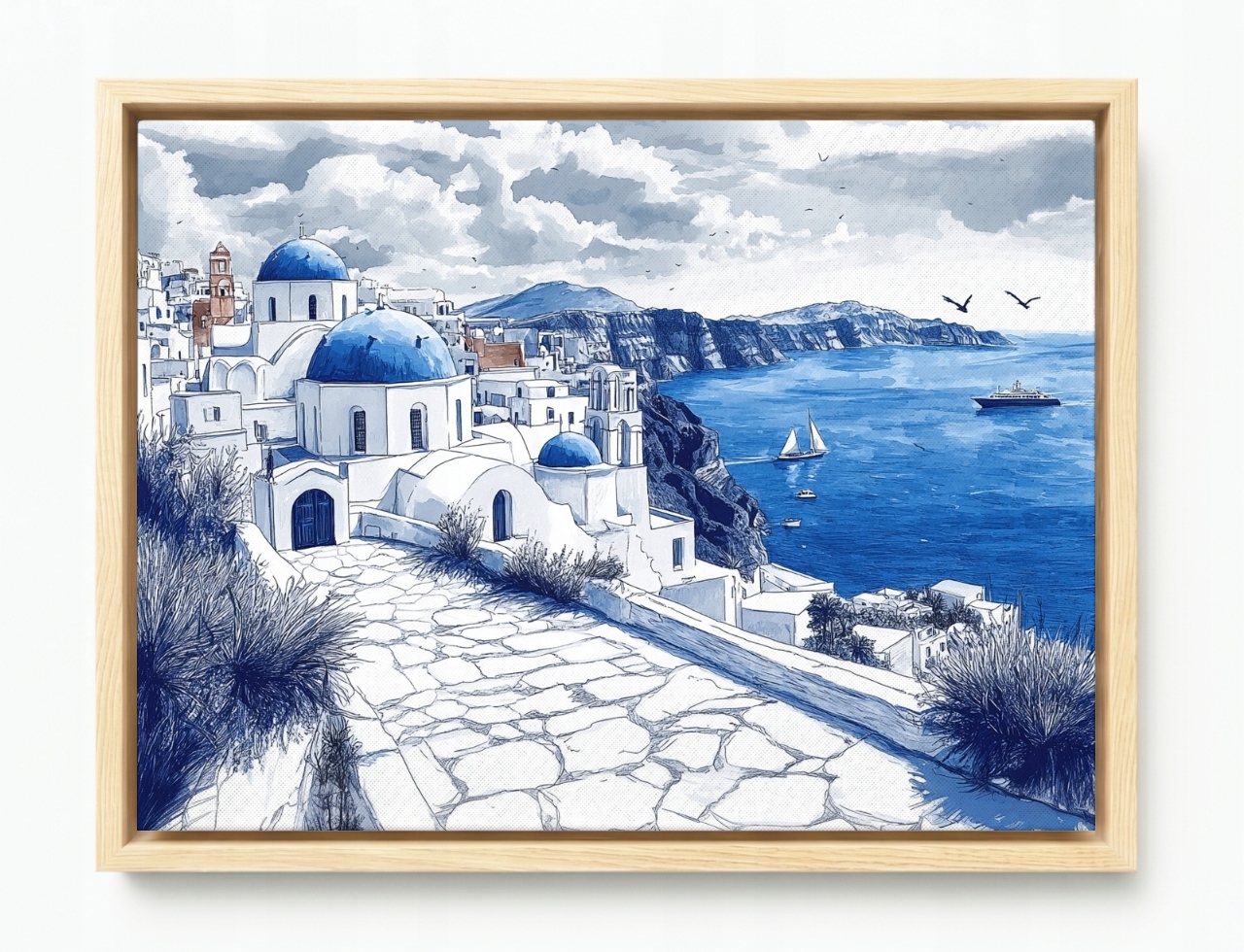 Obraz Rám Americký Box Řecko Santorini Moře Kostel Modrý 80x60