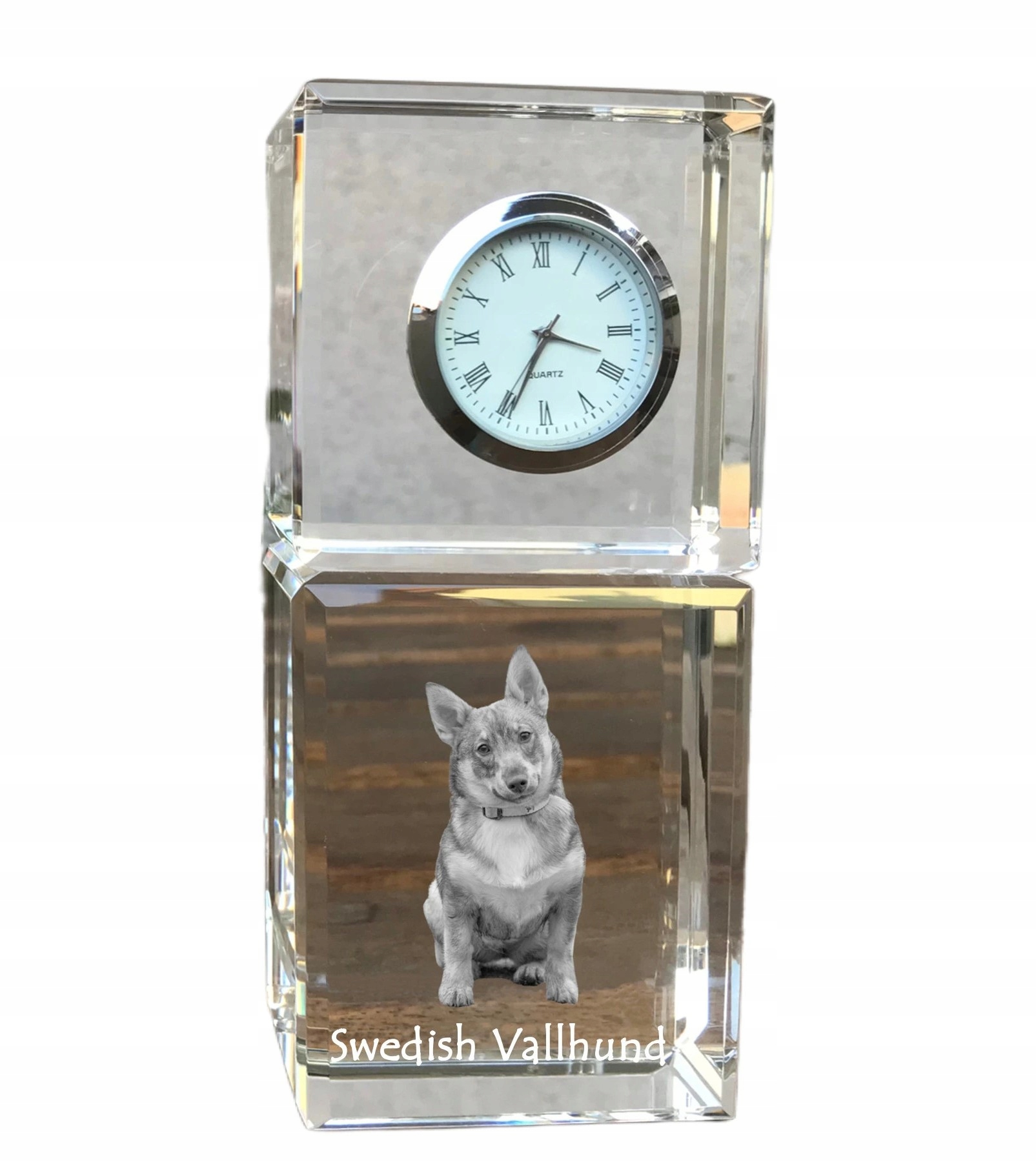 Švédsky Vallhund krištáľový stolový hodinový stroj so psom, s vašou fotografiou