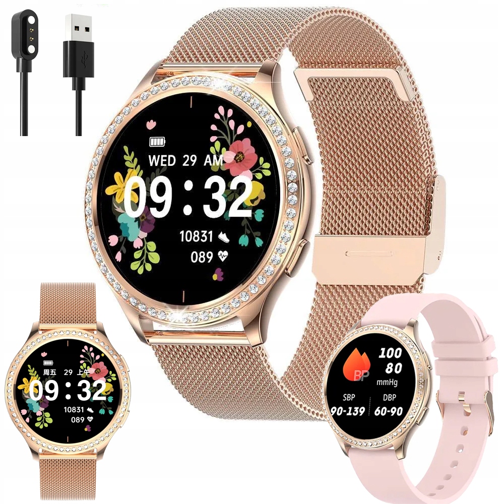Zegarek Damski Smartwatch 360X360 Cyrkonie Pl Wodoodporny Rozmowy 2 Paski