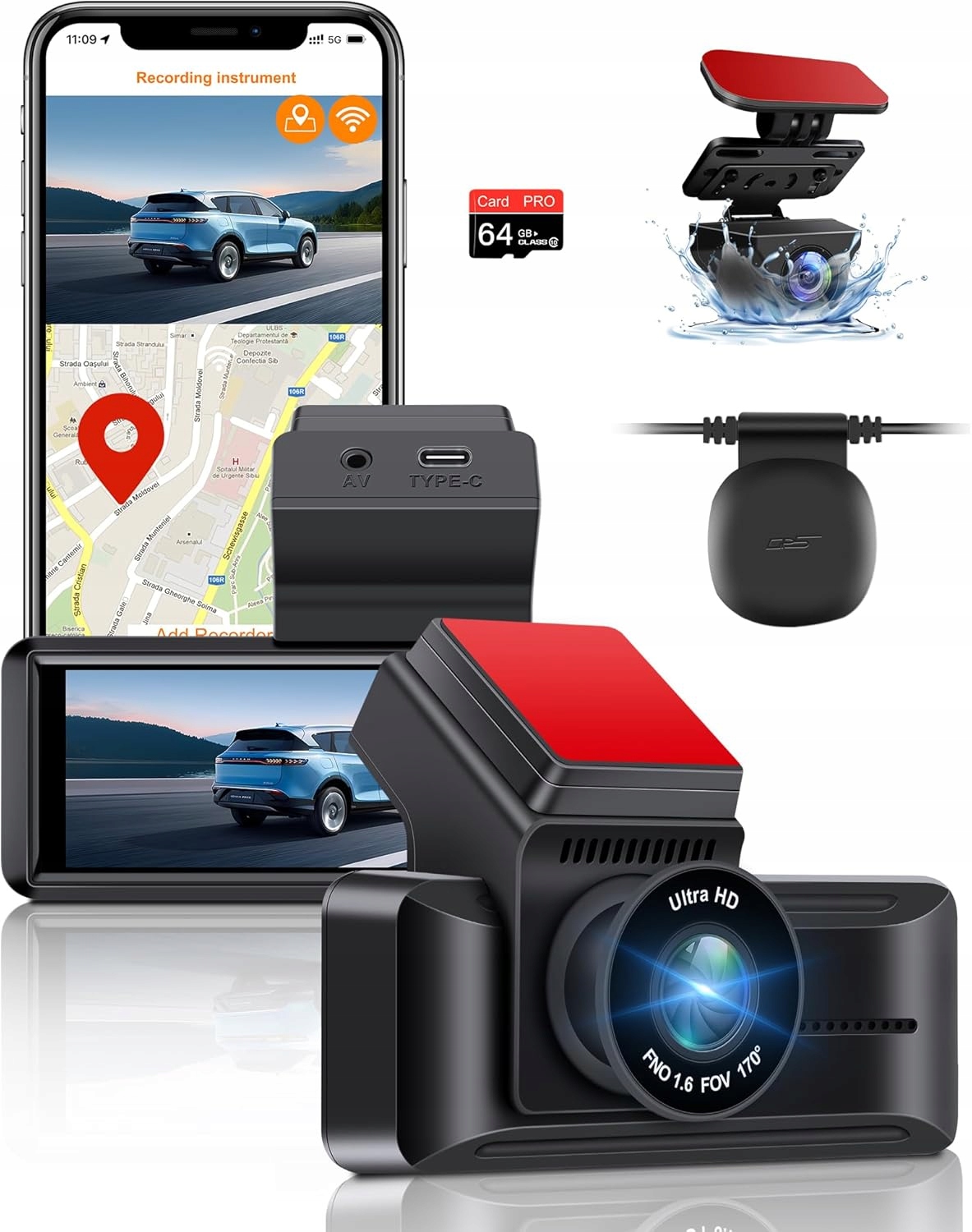 Vtopek Kamera na Deskę Rozdzielczą 4K z WiFi,GPS i WDR–Mini Kamera