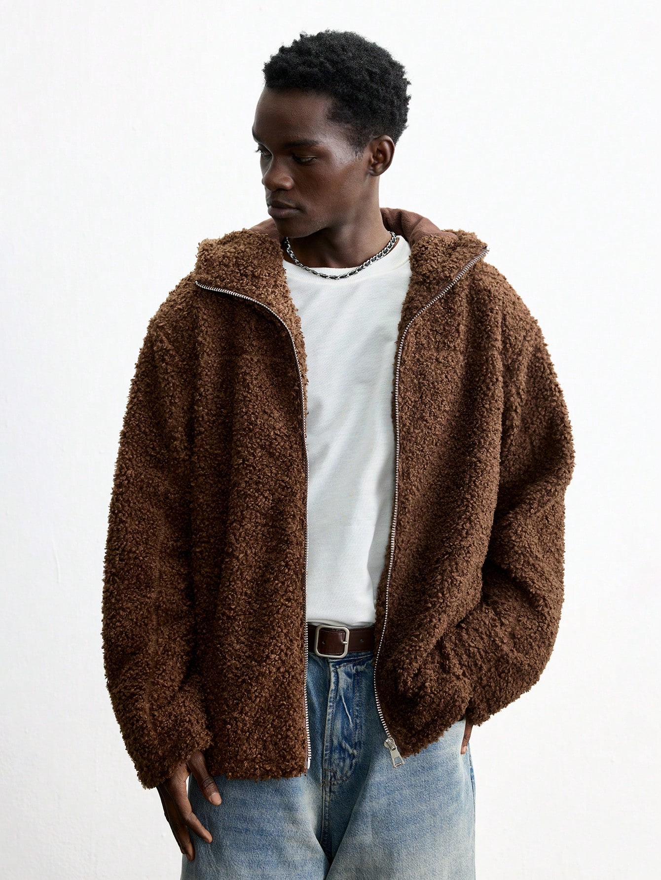 Pánská Zateplená Bunda S Kapucí Typu Teddy Hnědá Casual Shein M